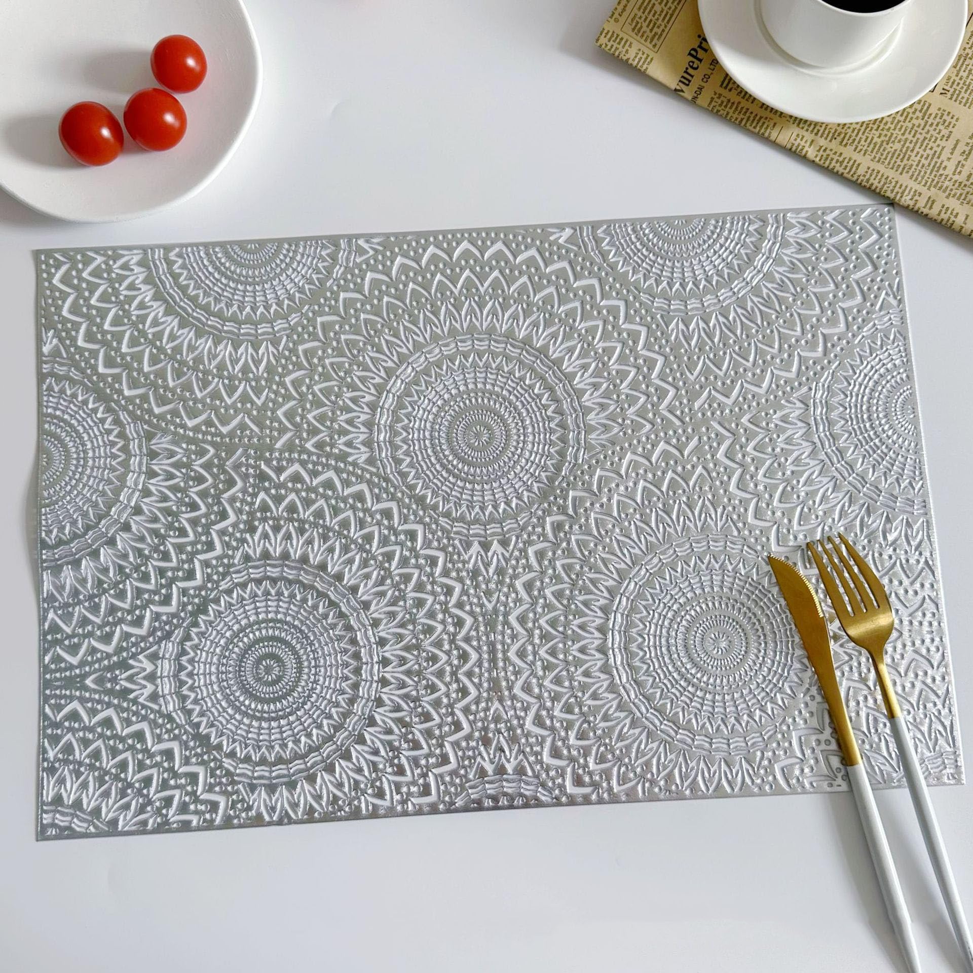 Hosoncovy Decorative Placemats Set of 4,Bohemia Placemats Hollow Dining Table Place Mats Heat Resistant Non-slip Dining Placemats Reusable Table Mats for Home Kitchen (Silver) - Image 3