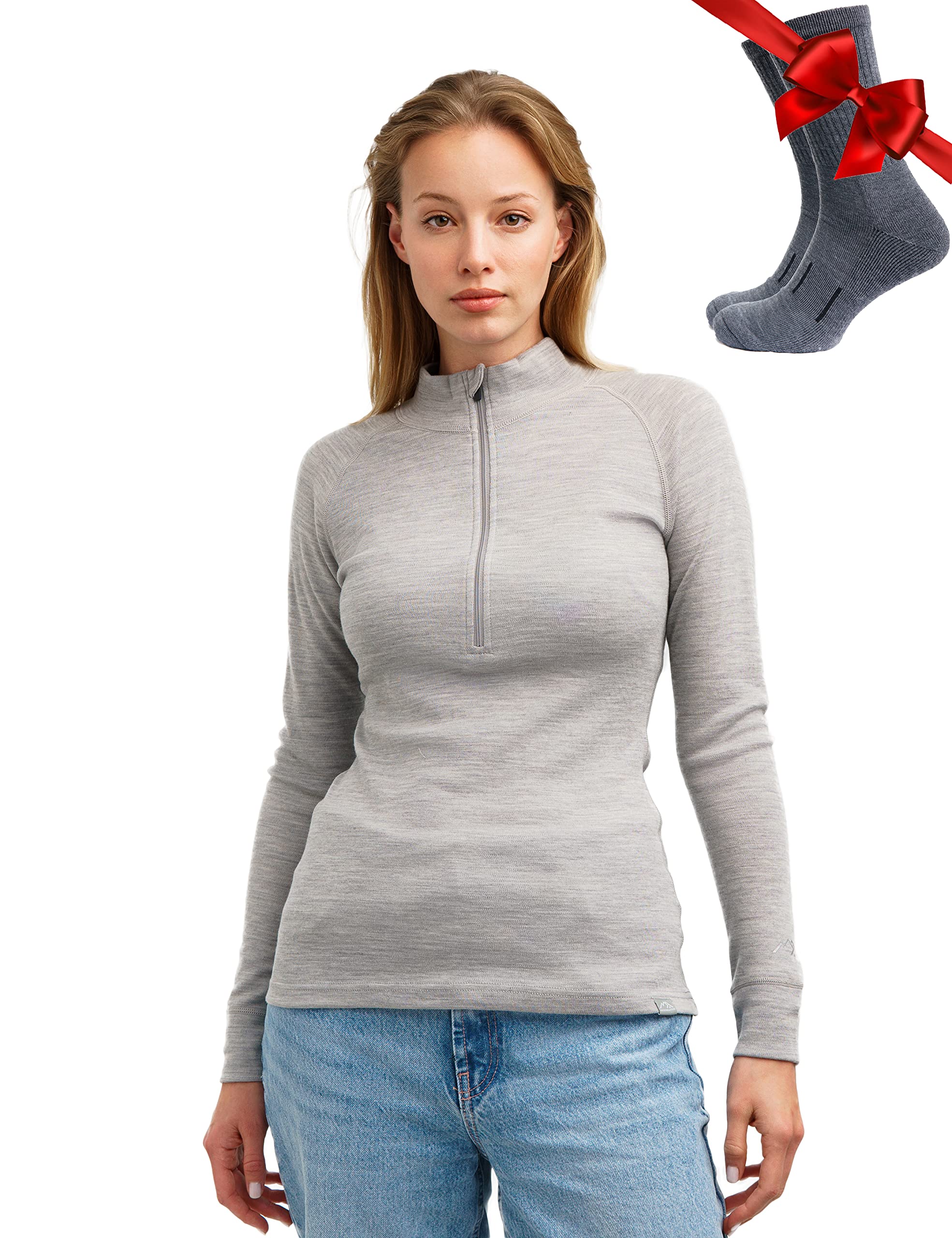 Merino Wool Base Layer Women - 100% Merino Half Zip Sweater Women Lite, Midweight, Heavyweight Thermal Shirts and Socks-image-16