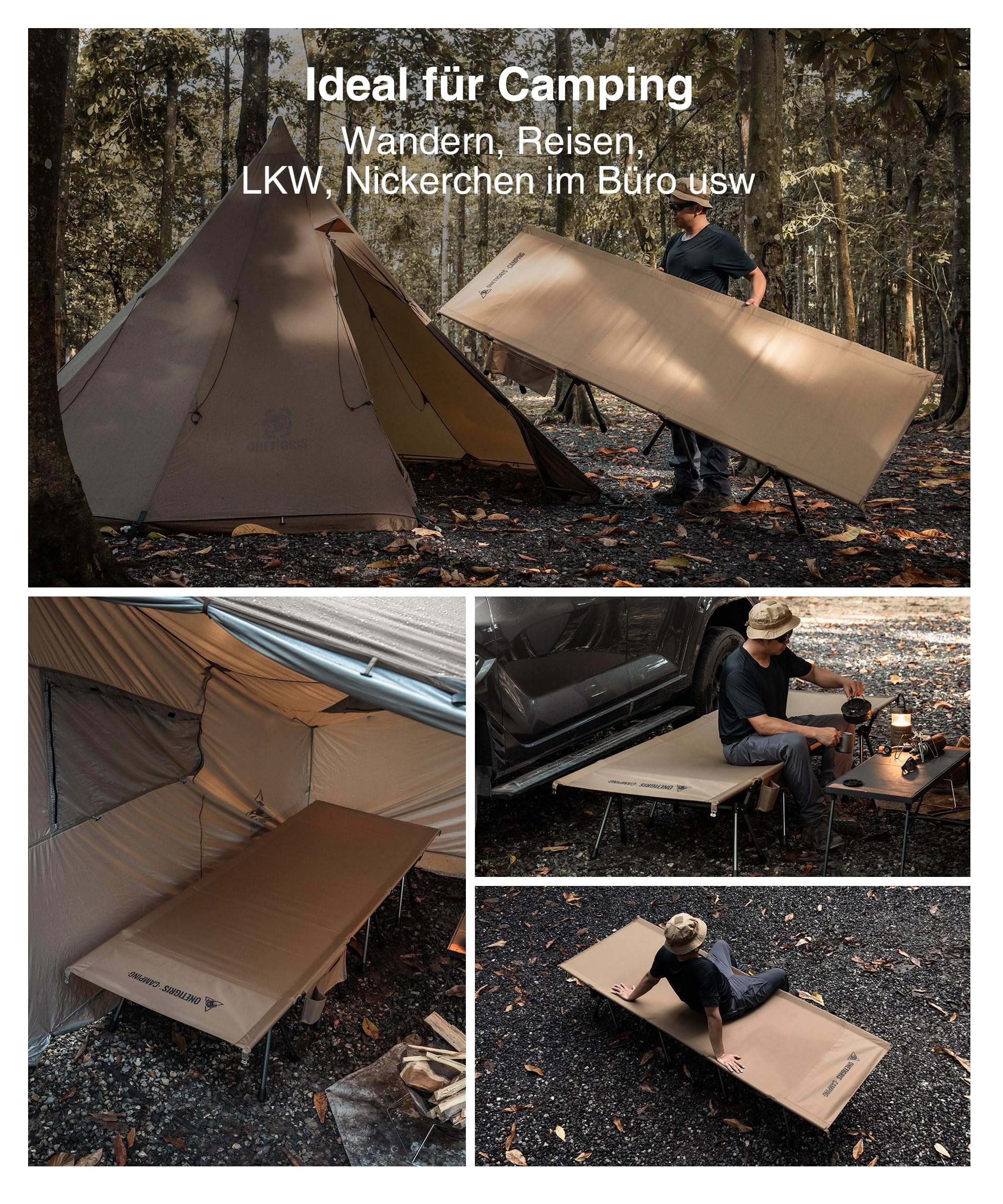OneTigris SUPRATIROS Lit de camp pliable XXL portable et léger jusqu'à 180 kg pour tente, extérieur, voyage, jardin, bureau (220 x 80 cm)