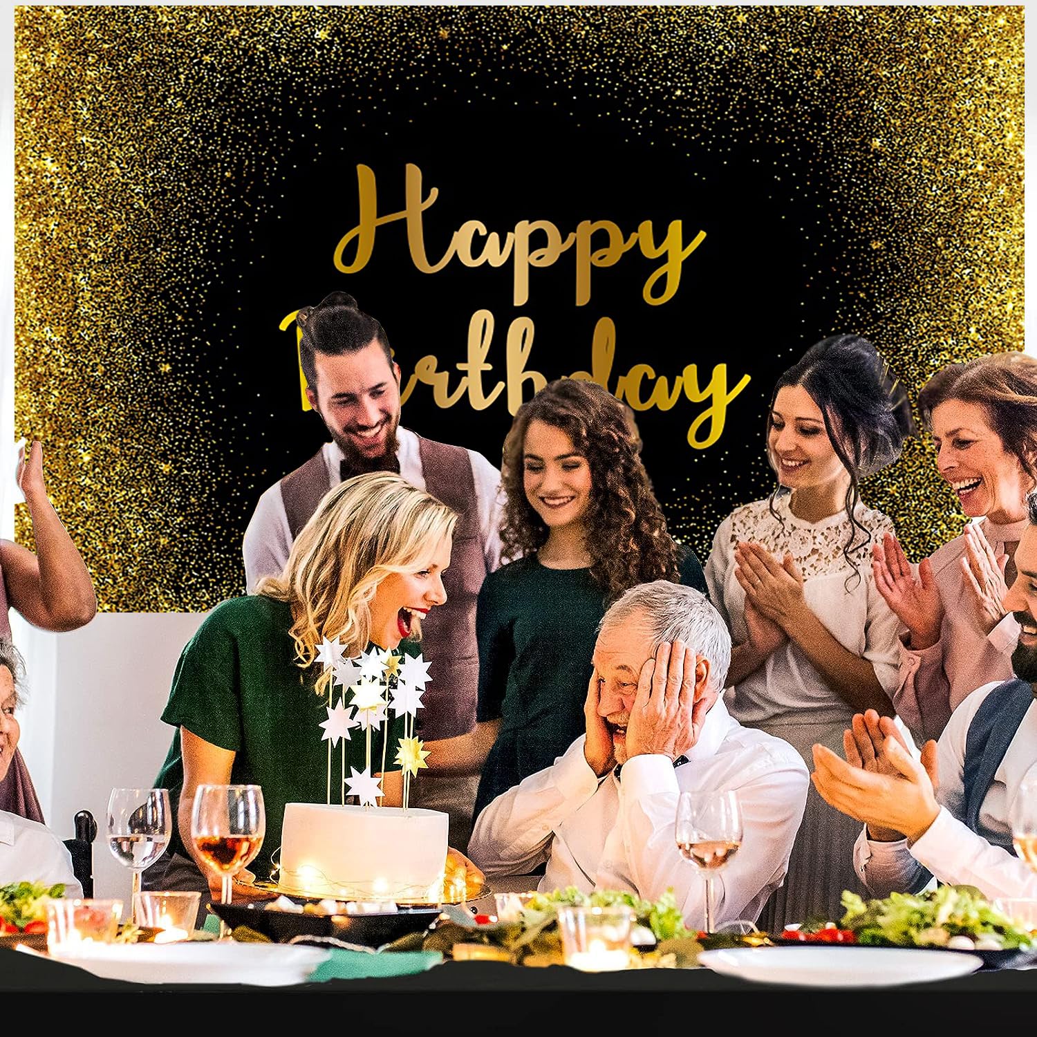 Happy Birthday Sfondo Fotografico In Tessuto – 177x114 Cm, Pannello Per Decorazioni Compleanno, Oro E Nero