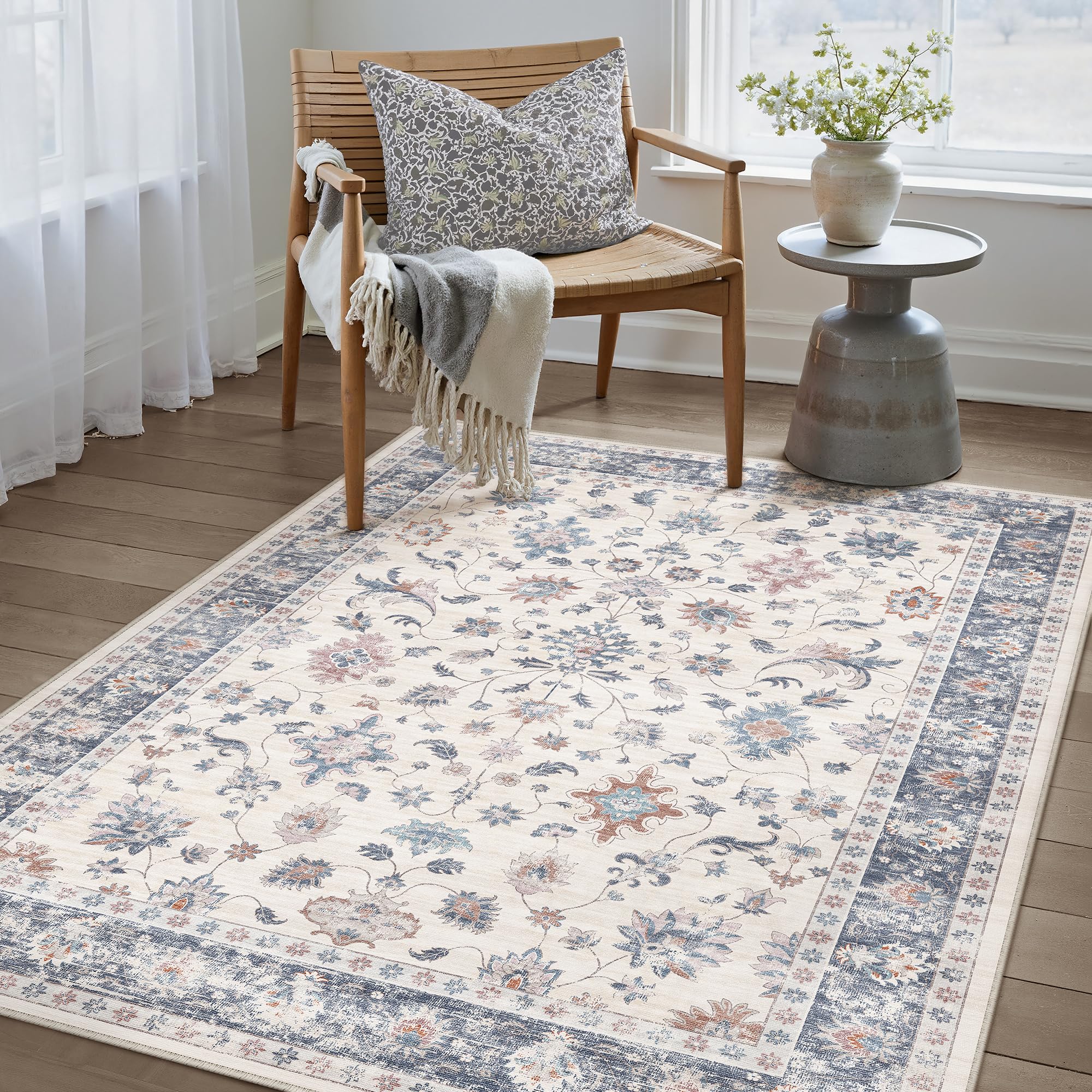 PureCozy Teppich Wohnzimmer Waschbarer Blumenmuster kurzflor rutschfest Weich Bumen Boho Vintage Teppiche