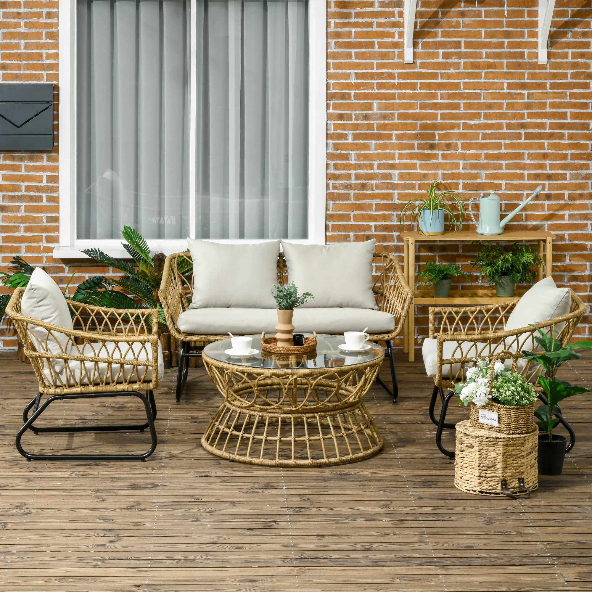 Outsunny Salon de Jardin 4 pièces en résine tressée canapé 2 Places + 2 fauteuils + 1 Table Basse Plateau Verre trempé 7 Coussins - Structure en Acier - Sable et crème