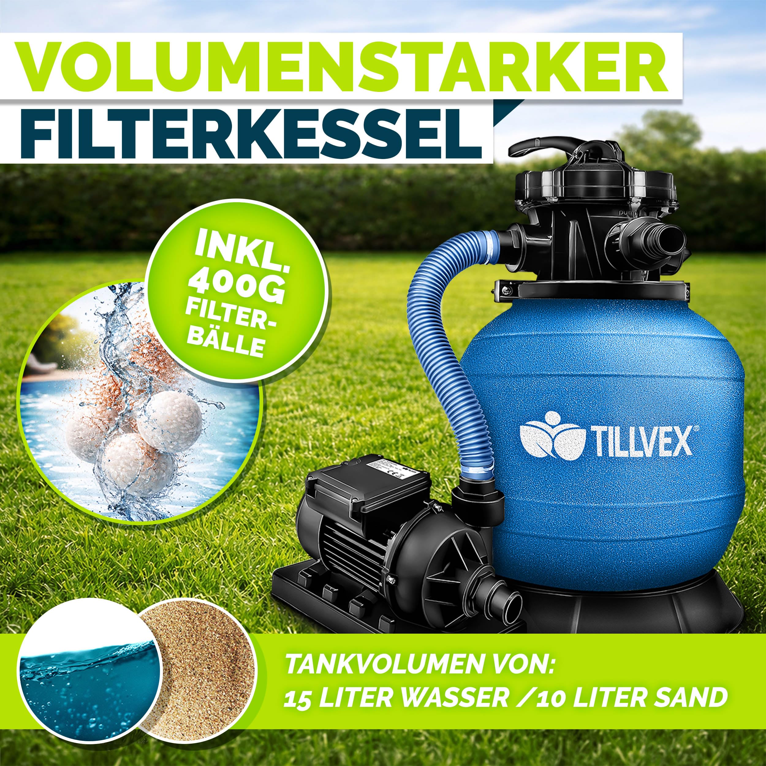 tillvex® Sandfilteranlage Pool 7.900L/h inkl. 400g Filterbälle | Filteranlage 7-Wege Ventil & 2in1 Adapter Ø32mm - 38mm | Poolfilter mit Druckanzeige | Sandfilter für Schwimmbecken (Blau)