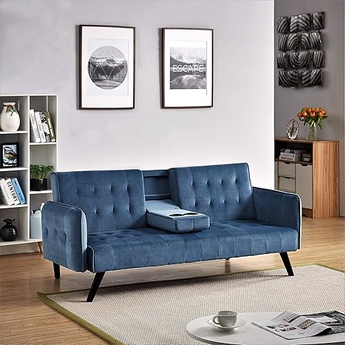 Miniatura 3 de Sofá cama de terciopelo moderno de mediados de siglo, niebla azul