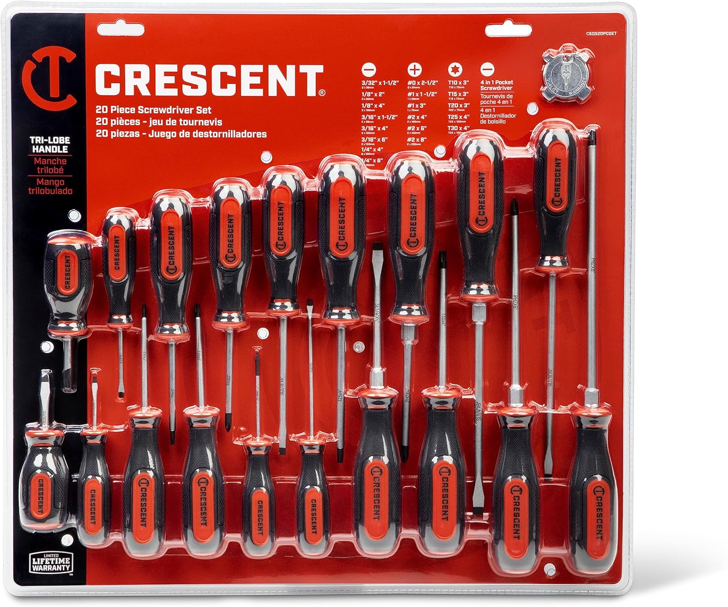Crescent 20 Pc. Dual Material Screwdriver Set with Phillips, Torx, Slotted, and 4-in-1 Pocket Screwdrivers - CSDS20PCSET