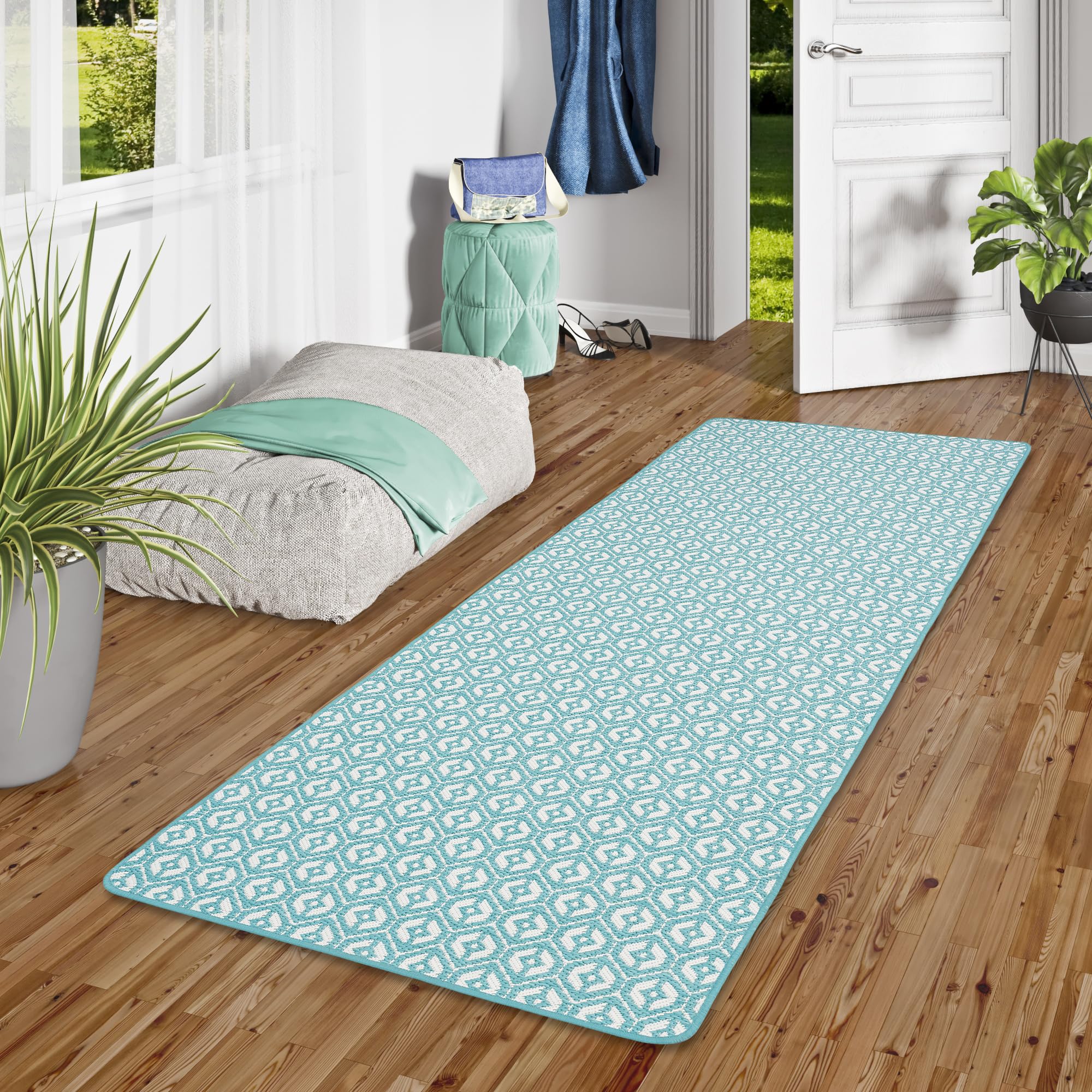 Snapstyle Tapis de Couloir intérieur-extérieur réversible Cape Cod Turquoise, Résistant aux UV, Imperméable, Facile à Entretenir, Résistant, Idéal pour terrasse, Balcon, Couloir