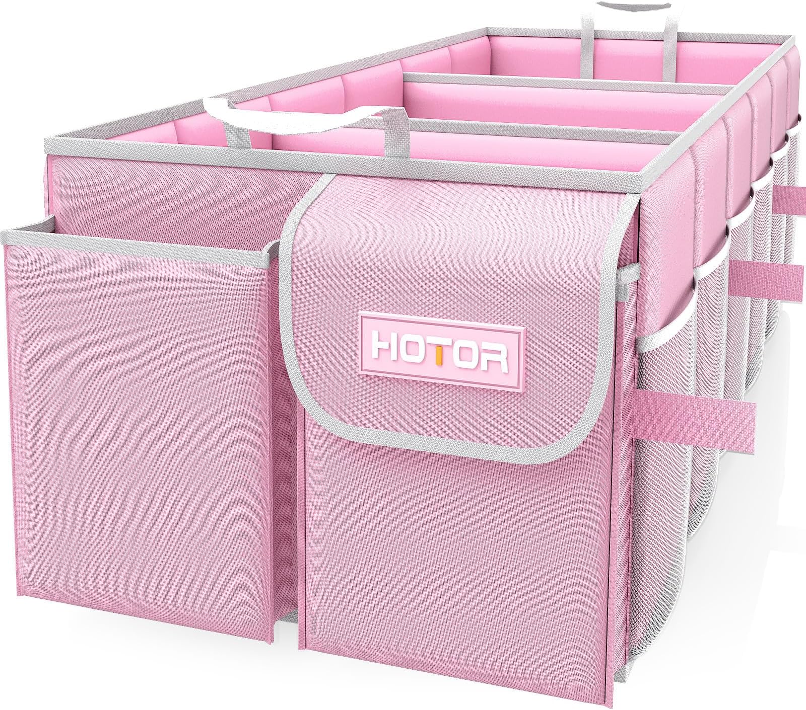 HOTOR Trunk Organizer for Car - Large-Capacity Car Organizer, Foldable Trunk organizer for SUVs & Sedans, Sturdy Car Organization for Car Accessories, Tools, Sundries, Pink, 3 Compartments