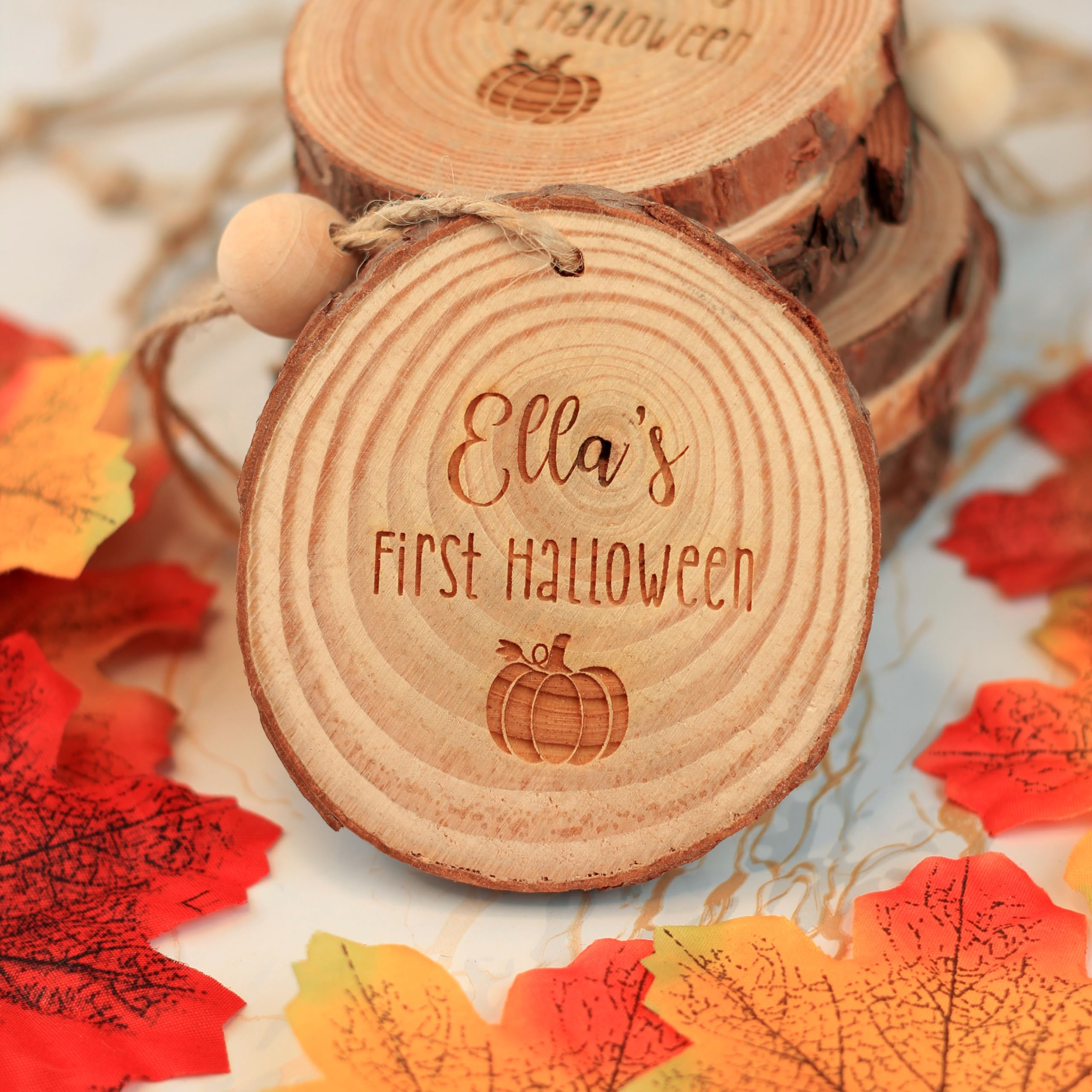 Ebuygb White Personalised First Halloween Wood Slice Hanging Decoration, Engraved Wooden 1St Halloween Pumpkin Bauble Keepsake For Baby