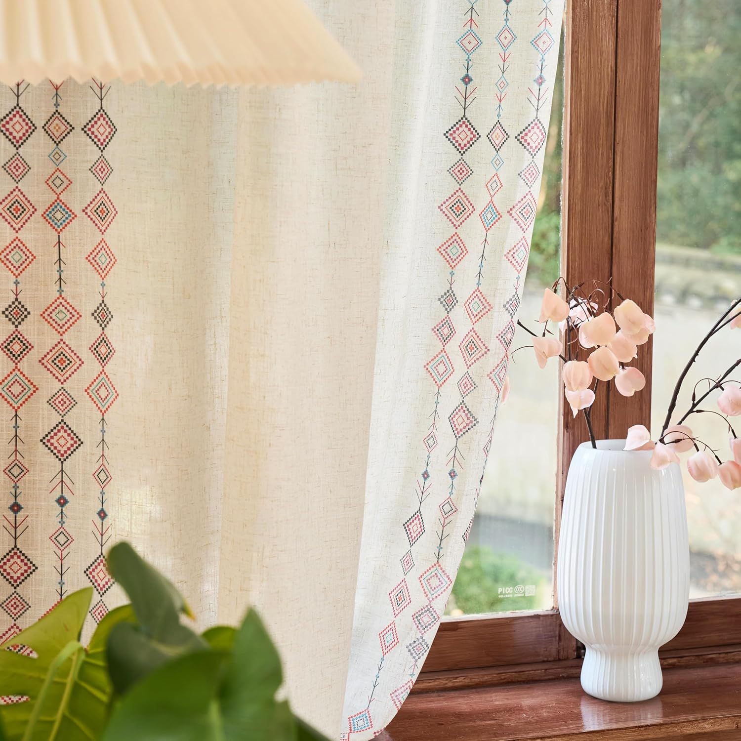 MEETSKY Boho Curtains for Bedroom 63 Inches Length Linen Blend Patterned Printed Light Filtering Kitchen Drapes for Small Window Bohemian Western Farmhouse, Back Tab, 2 Panels, 50" Wide