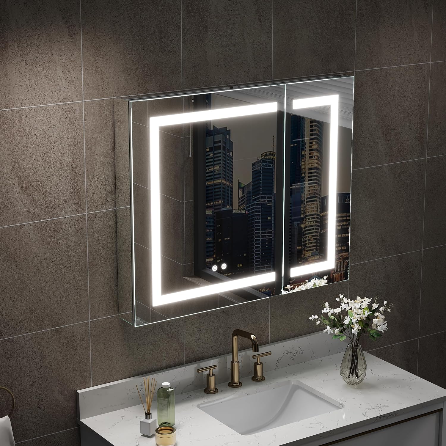 WELLFOR 36" X 30" Bathroom LED Medicine Cabinet with Mirror, Medicine Cabinet with Lights, Bathroom Mirror with Storage, Dimmer, Defogger, Outlets & USB Ports, Double Doors