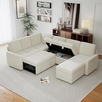 Chenille L Shaped Sofa Couch with Ottoman,7 Seater Modular Sectional Sofa with Storage,Modern Corner Couch Bed,Convertibe Pullout Sleeper Sofas for Living Room Chenille Beige, 7 Seater