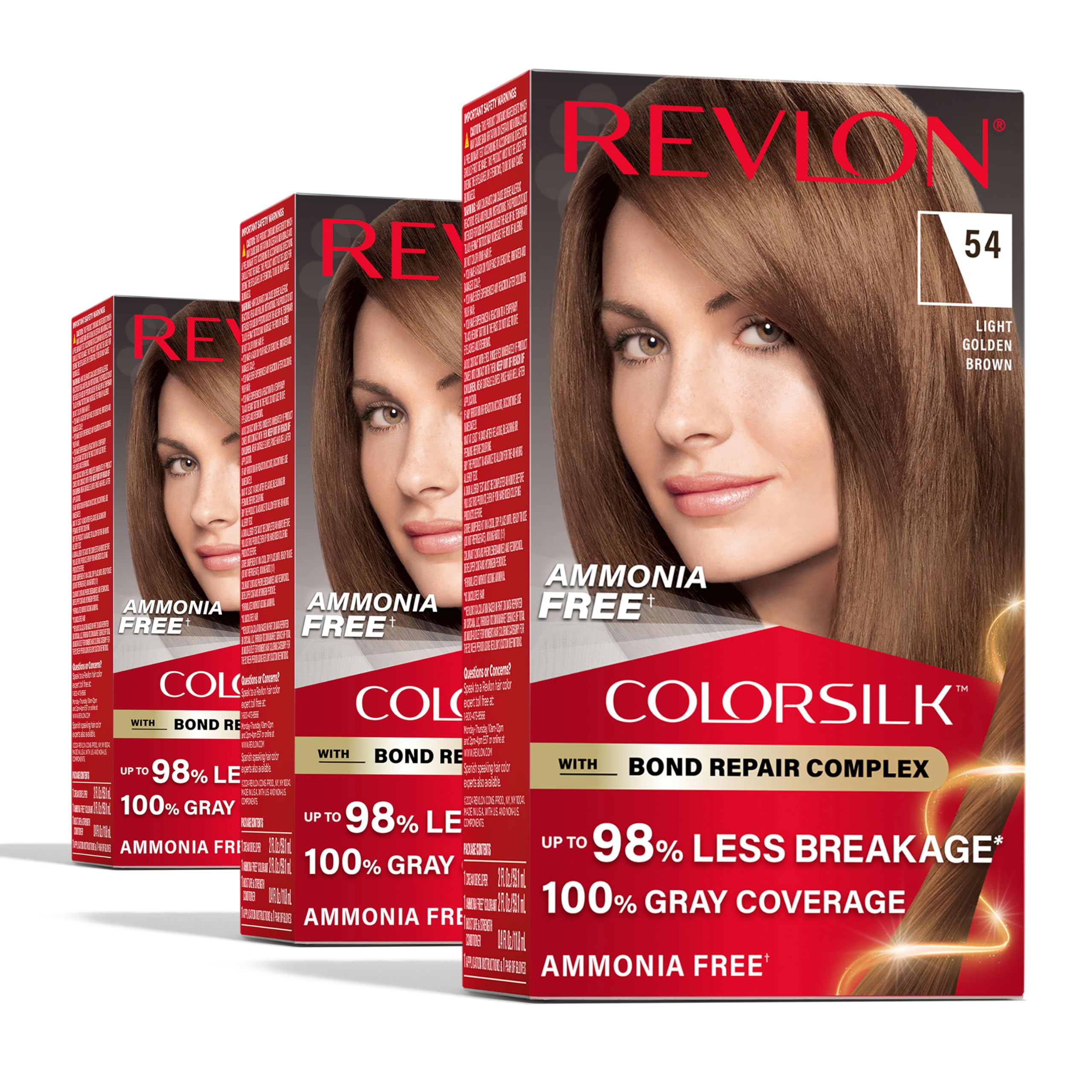 Revlon ColorSilk with Bond Repair Complex, Brown Permanent Hair Color, 100% Gray Coverage, Ammonia Free Hair Dye, Vegan Keratin, 54 Light Golden Brown (Pack of 3)