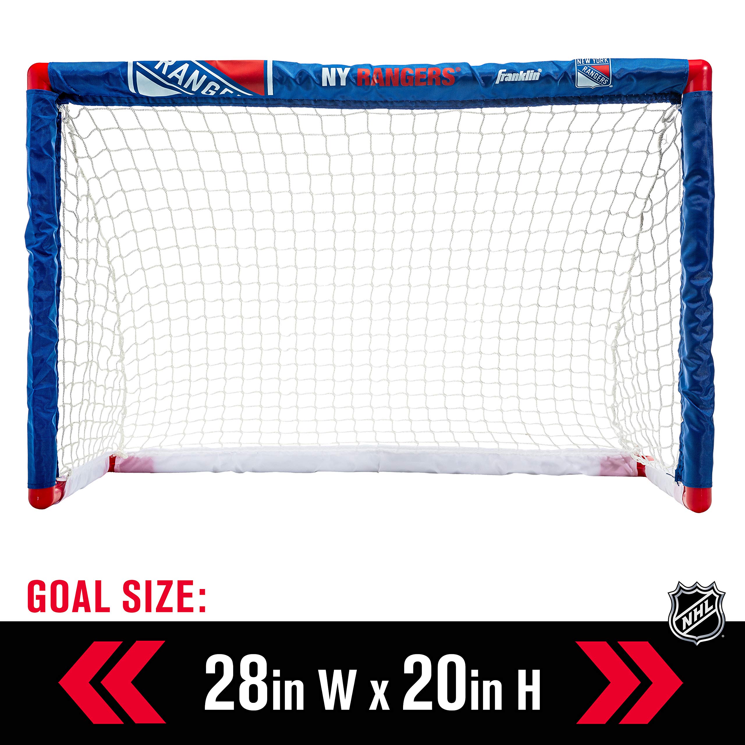 Franklin Sports New York Rangers Mini Hockey Set - Knee Hockey Goal, Ball, & 2 Hockey Stick Combo Set - Mini Goal Net - NHL Official Hockey Set