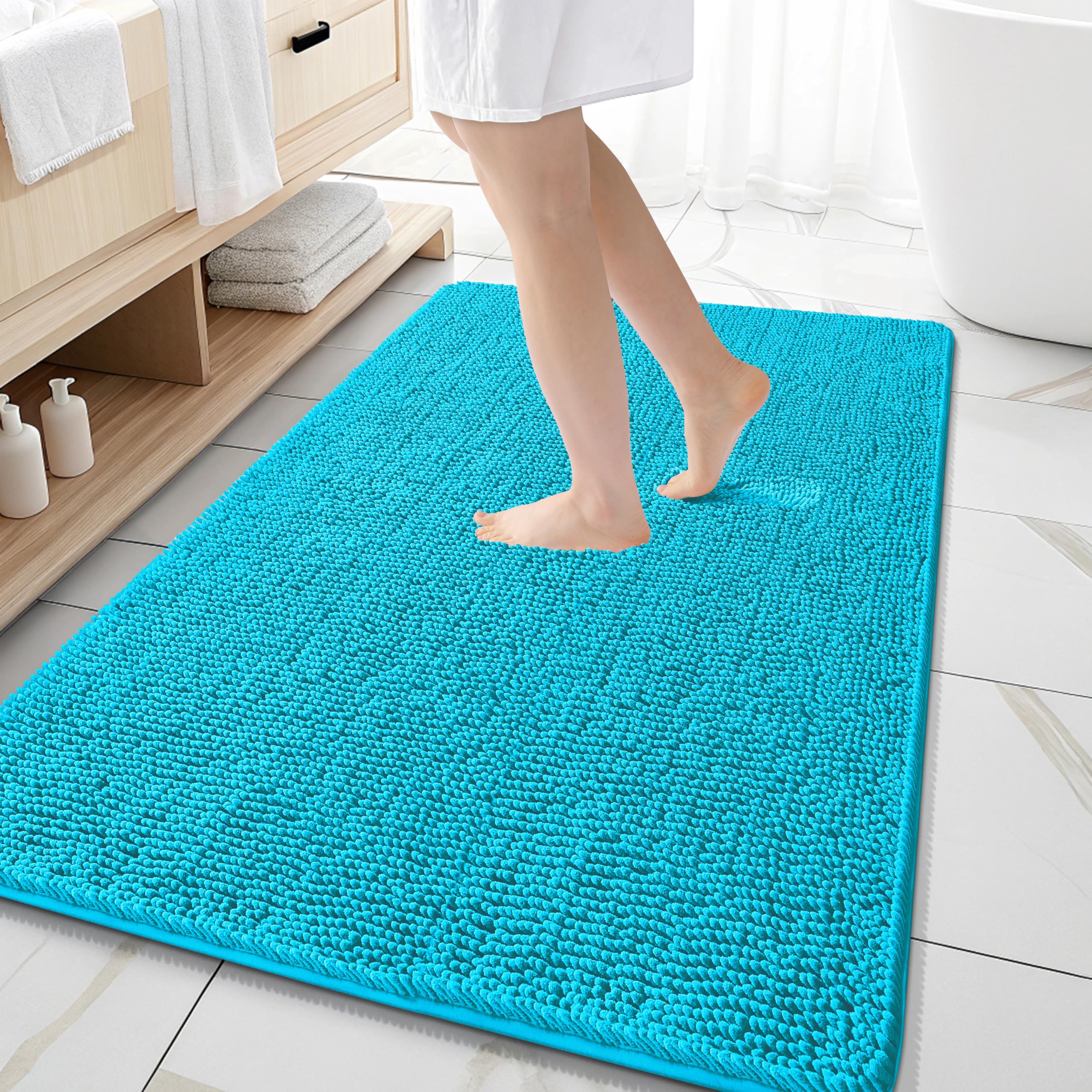 OLANLY Large Bathroom Rugs 59x35, Extra Soft Absorbent Chenille Bath Rugs | Aqua Sky, Quick-Drying Rubber Backing, Machine Washable Bath Mat for Bathroom Floor, Tub and Shower, Home Decor Accessories