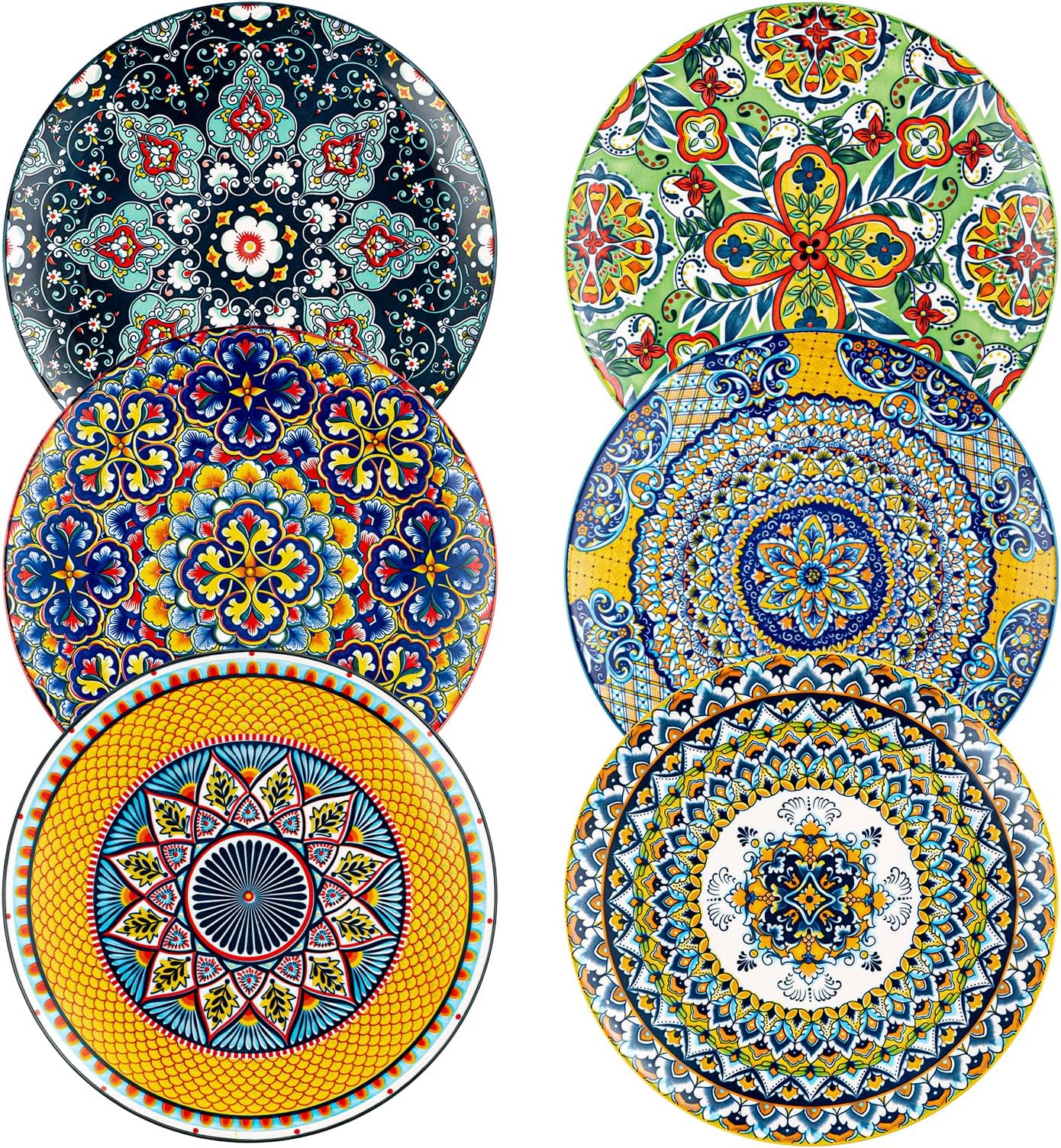 HENXFEN LEAD Dinner Plates Set of 6-10.5 Inch Large Ceramic Plates, Colorful Serving Dishes for Kitchen & Restaurant, Dishware, Microwave & Oven safe - Bohemian Style