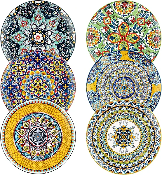 HENXFEN LEAD Dinner Plates Set of 6-10.5 Inch Large Ceramic Plates, Colorful Serving Dishes for Kitchen & Restaurant, Dishware, Microwave & Oven safe - Bohemian Style
