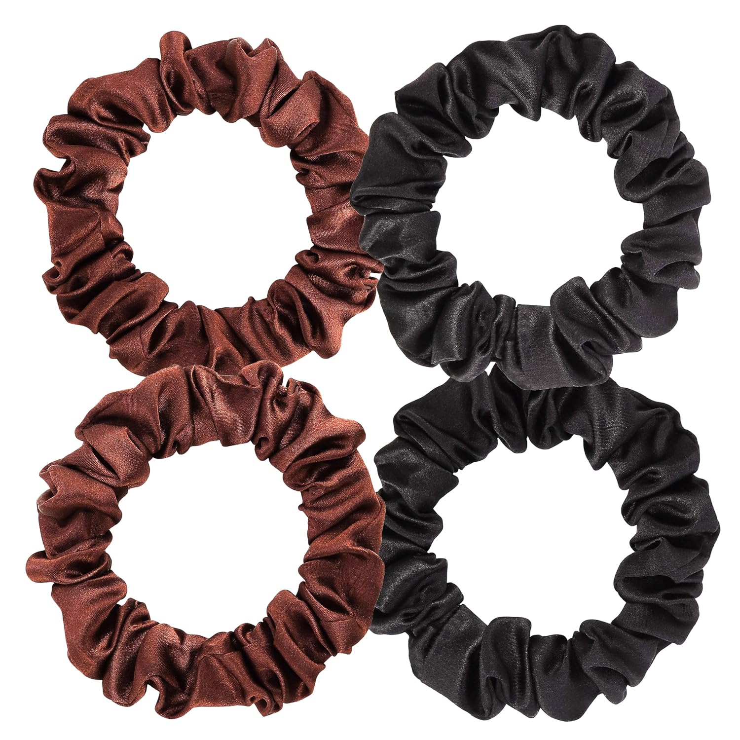 100% Pure Mulberry Silk Scrunchies for Women Girls Ladies, Elastic bands Hair ties Ponytail holder, Coffee Black 4pcs, 22Momme real natural silk - No Hair Damage 4 Count (Pack of 1) Black?Coffee