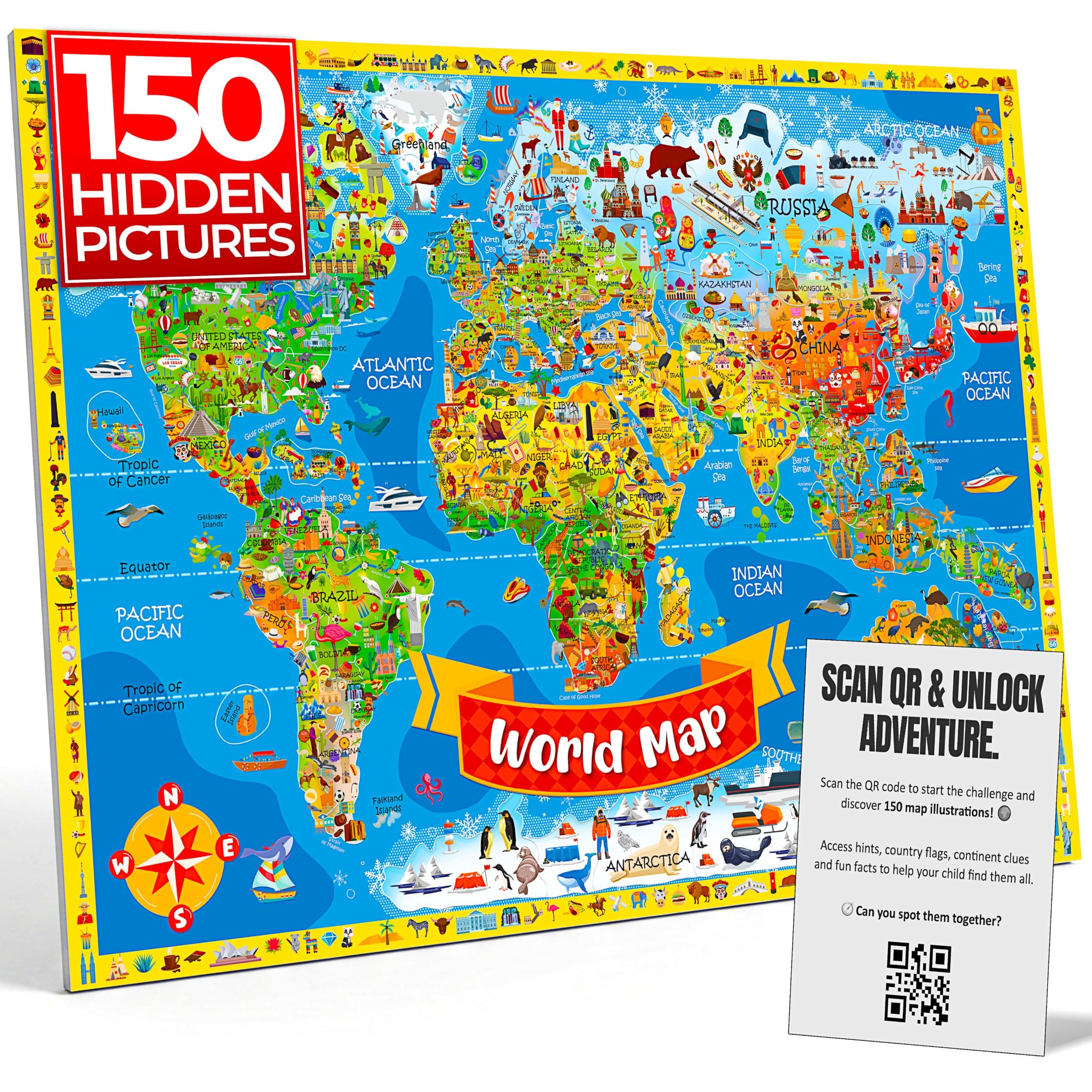 Amazon.com: Kids World Map Poster 33x24in - Search Find Game, 150