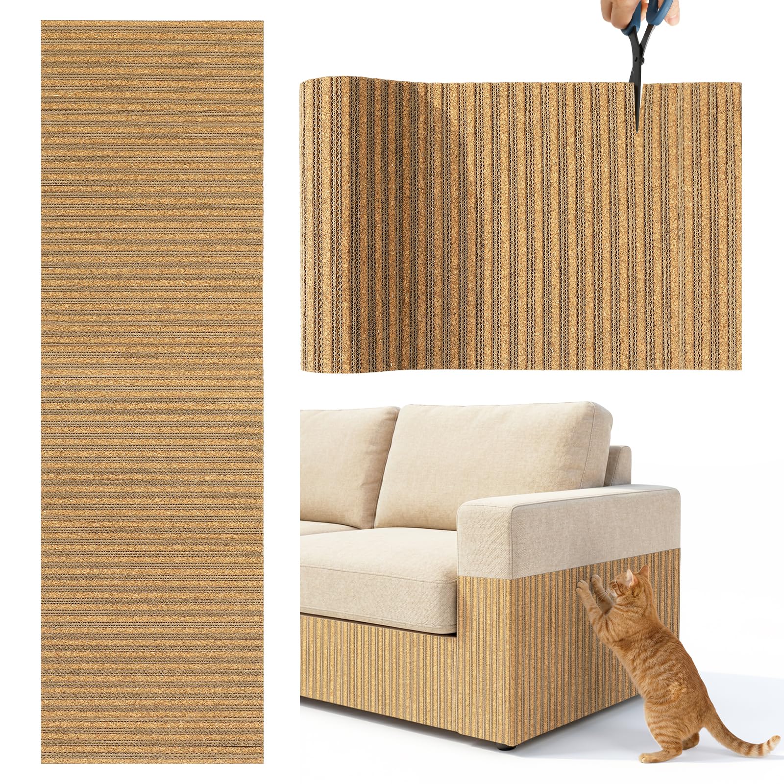 Tivray Cat Scratch Mat, 100 * 30CM Cork Cat Scratch Pad, Adhesive Scratching Couch Furniture Protector, DIY Scratching Pad, Corrugated Paper Scratcher from Claws for Indoor, Brown