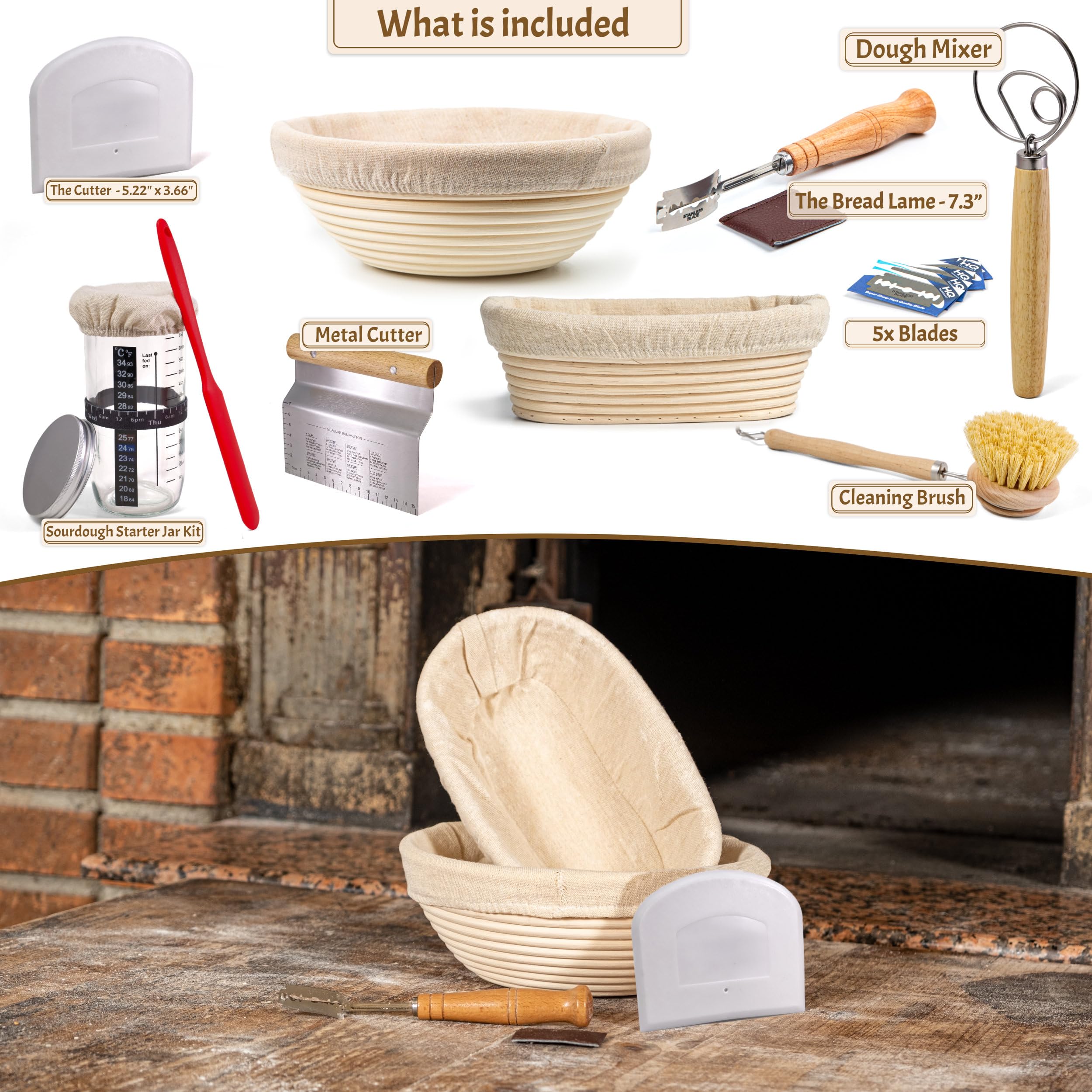Swice Brotgärkorb-Set – 22,9 Cm Rund & 25,4 Cm Oval, Mit Lame, Teigschaber, Leineneinsatz & Pinsel