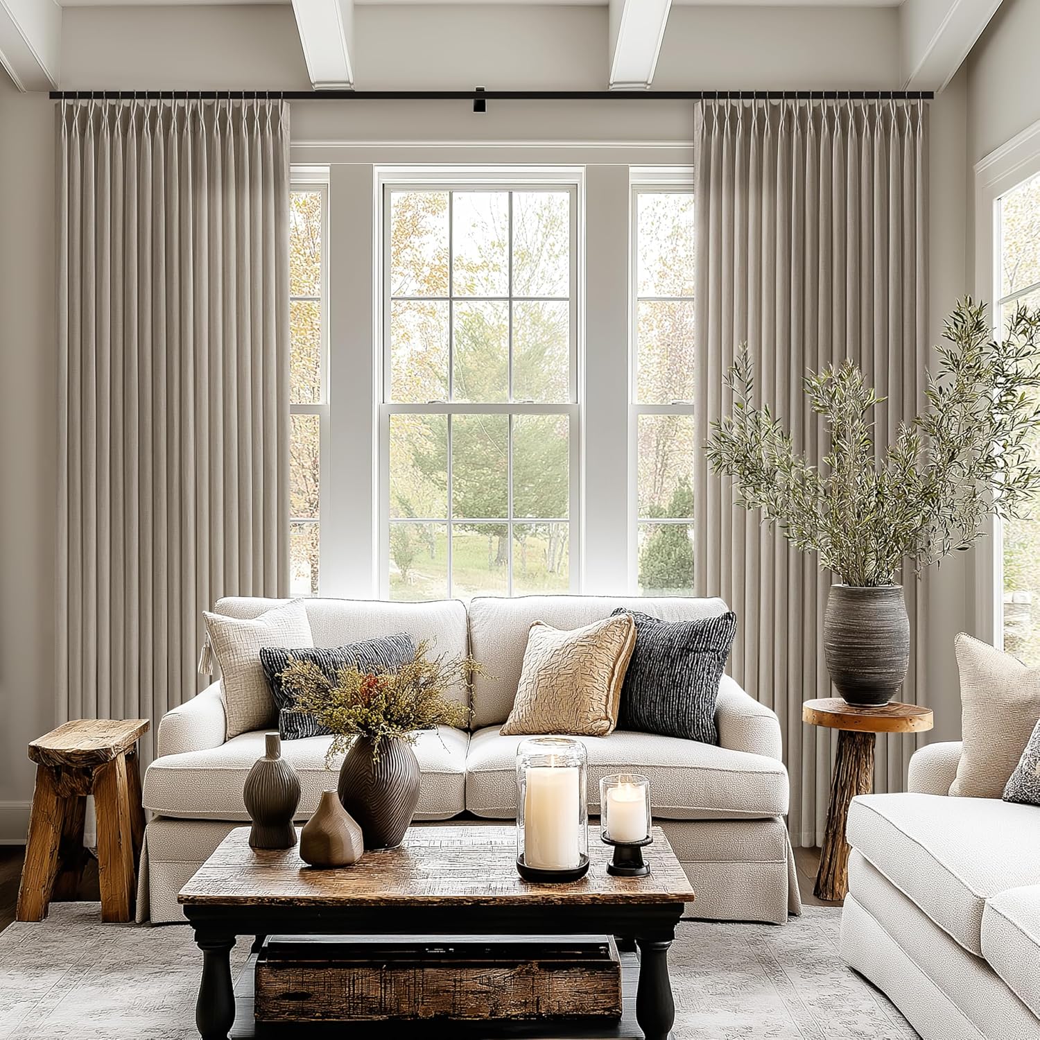 Taupe Linen Curtains Pinch Pleated 84 Inch Length for Living Room Bedroom 2 Panels Neutral Farmhouse Burlap Light Filtering Pinch Pleat Drapes Semi Sheer Dark Flax Window Curtain Grey Beige Greige