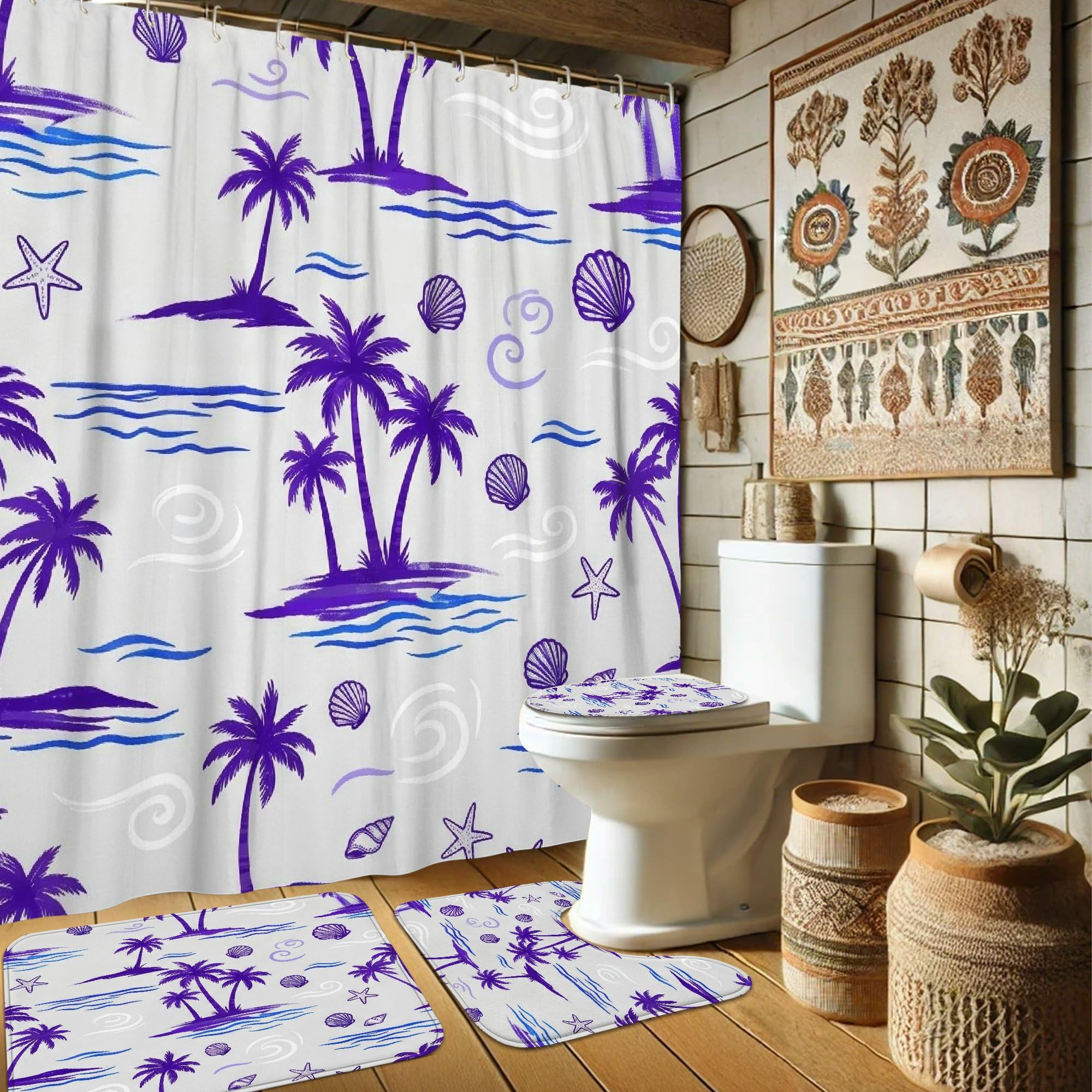 Rideau de douche violet 183x183 cm et tapis de bain lavable avec crochets imprimé plage
