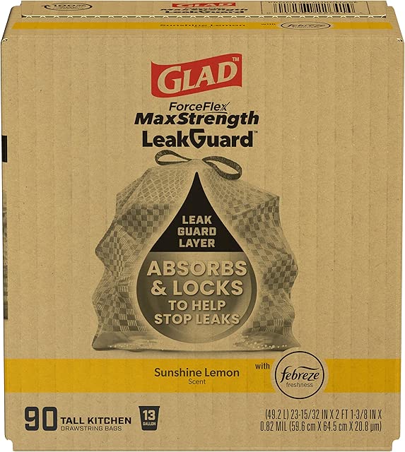 Glad ForceFlex MaxStrength LeakGuard Trash Bags, 13 Gal, Sunshine Lemon Scent, 90 Ct (Pack May Vary)