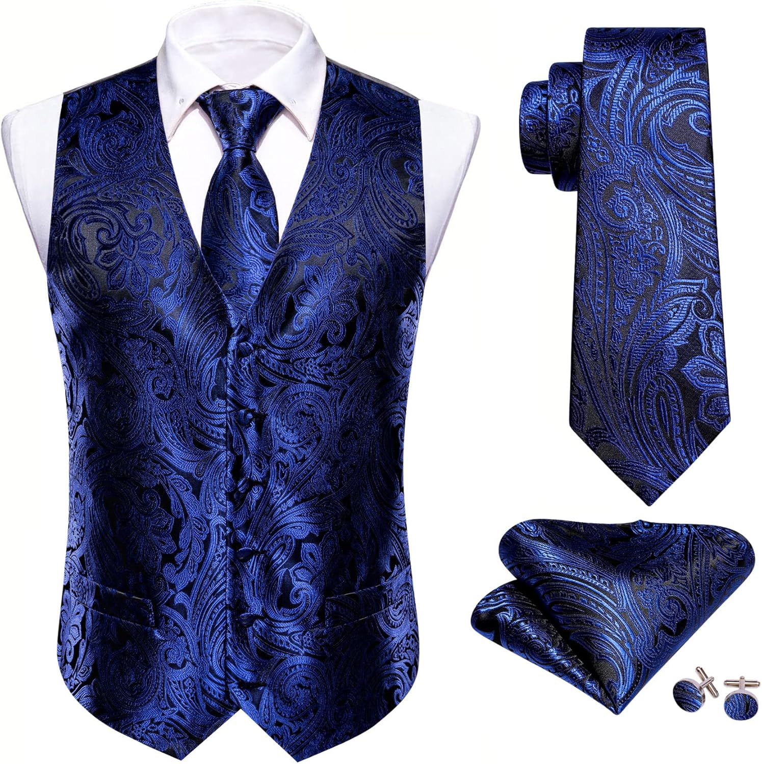 Barry.Wang Formal Men Flower Vest Paisley Jacquard Silk Ties Suit Waistcoat Set Wedding 5PCS - Image 4