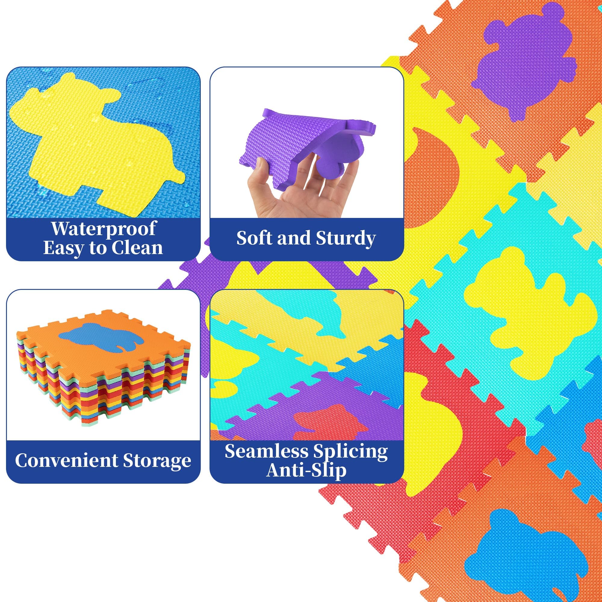 Tappeto Puzzle Bambini 16 Pezzi (120x120 cm) - Schiuma EVA Sicura | Motivi Animali Educativi | Antiscivolo | Impermeabile | Per Asilo/Casa