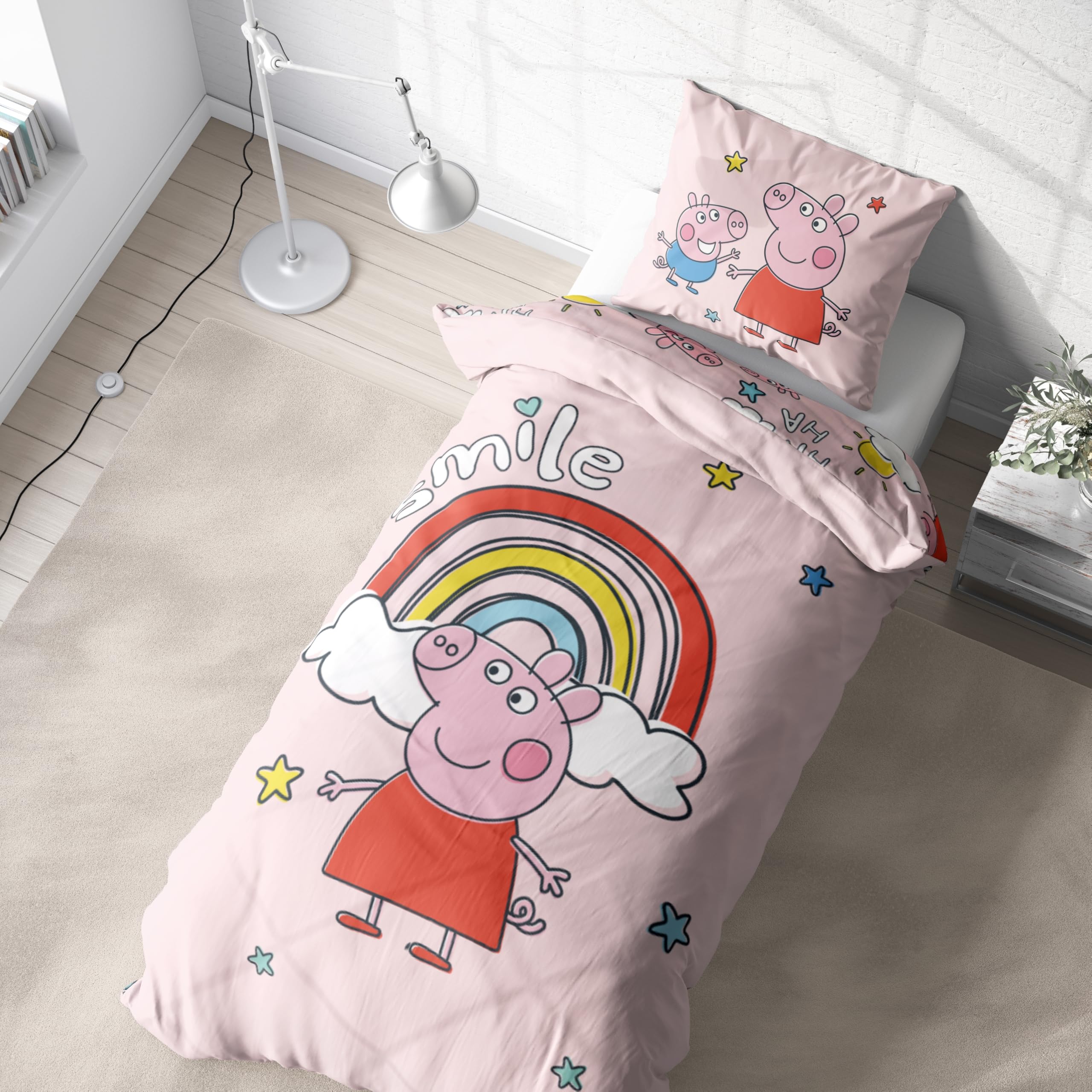 Character World Kinderbettwäsche Smile Peppa Wutz 135x200 cm – Kissenbezug 80x80 cm + Bettbezug 135x200 cm