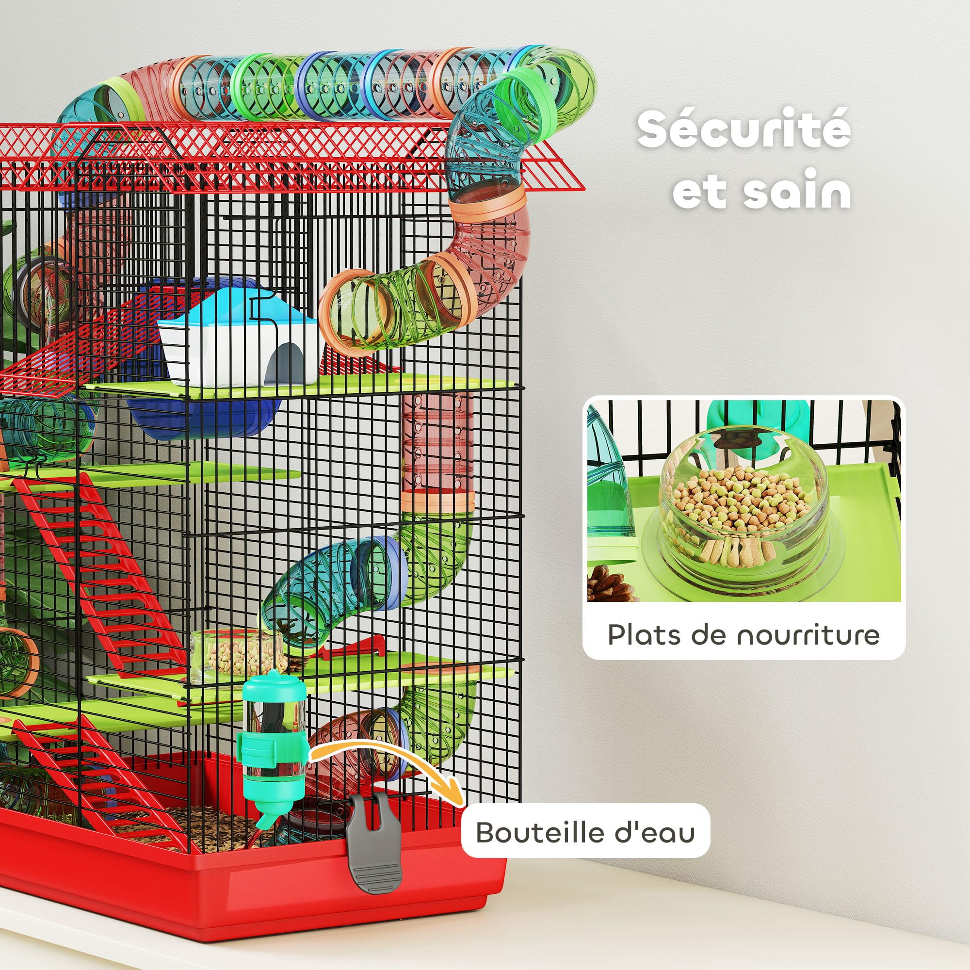 PawHut Gabbia per criceto topo piccolo animali roditore con tunnel mangiatoia ruota giocattolo 47 x 30 x 59 cm, rosso