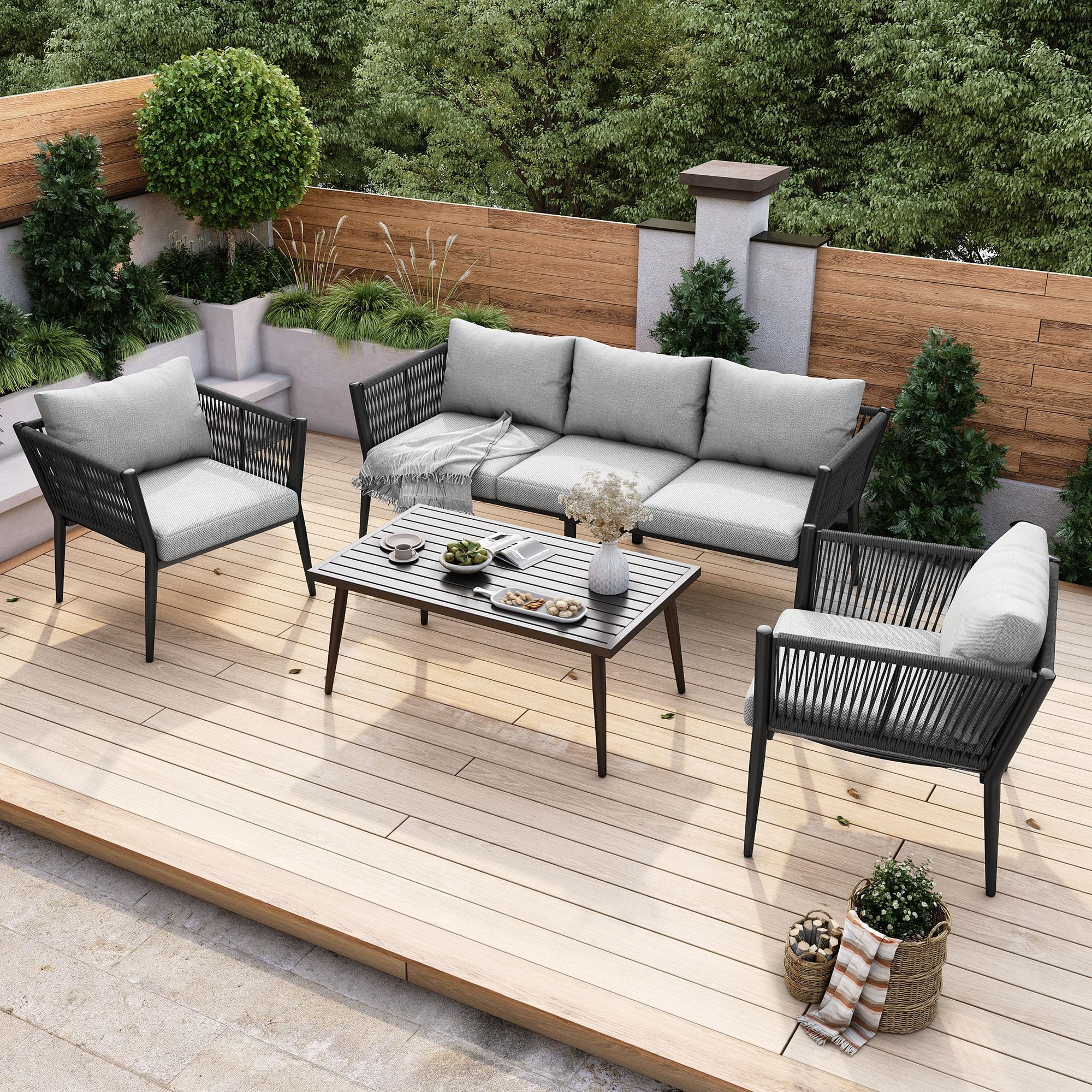 AEMOING Garten Loungesessel Set, Gartenmöbel Set mit bequemen Kissen, 3er Sofa, 2 Sessel und Couchtisch, Outdoor, verzinkter Stahl, geflochtene Seilarmlehnen, grau Garten