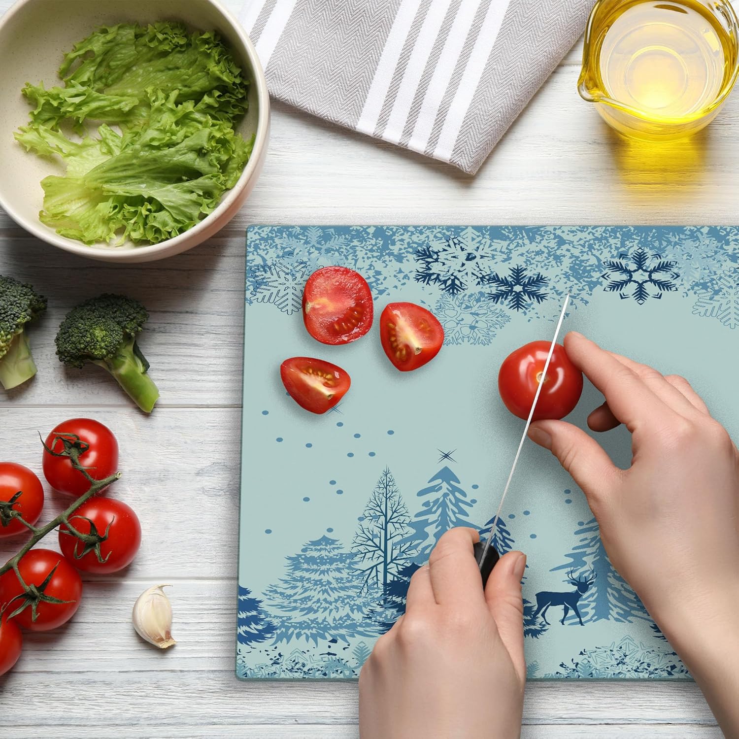 Ambesonne Winter Cutting Board, Winter Scene with Deer Frozen Trees and Snow Christmas Season Pine Trees Bushes, Decorative Tempered Glass Cutting and Serving Board, Large Size, White Blue