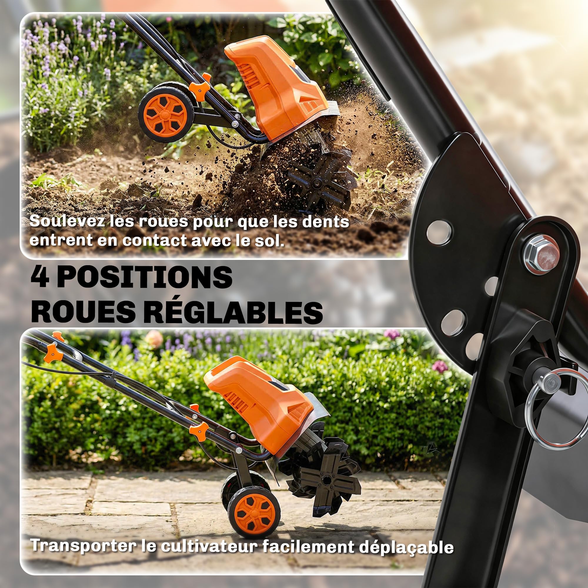 Outsunny Motobinadora eléctrica de 1500 W de jardín manejable – 6 cuchillas 65 Mn ancho 40 cm profundidad 20 cm – Motocultor plegable e impermeable IPX4 para huerto y cultivo orgánico, naranja