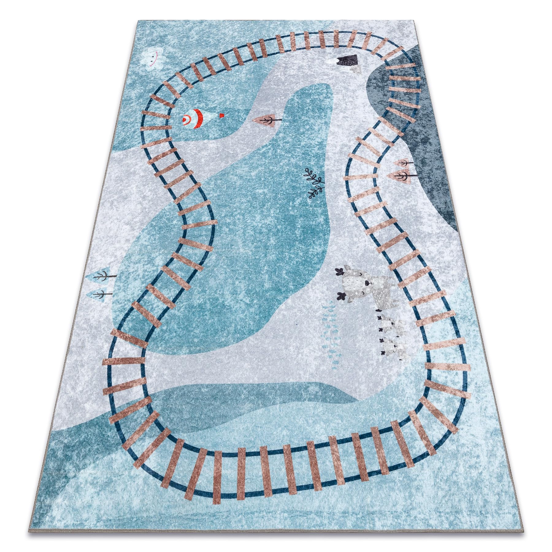 Tapis pour enfants antidérapant Junior rugsx bleu à motifs rails
