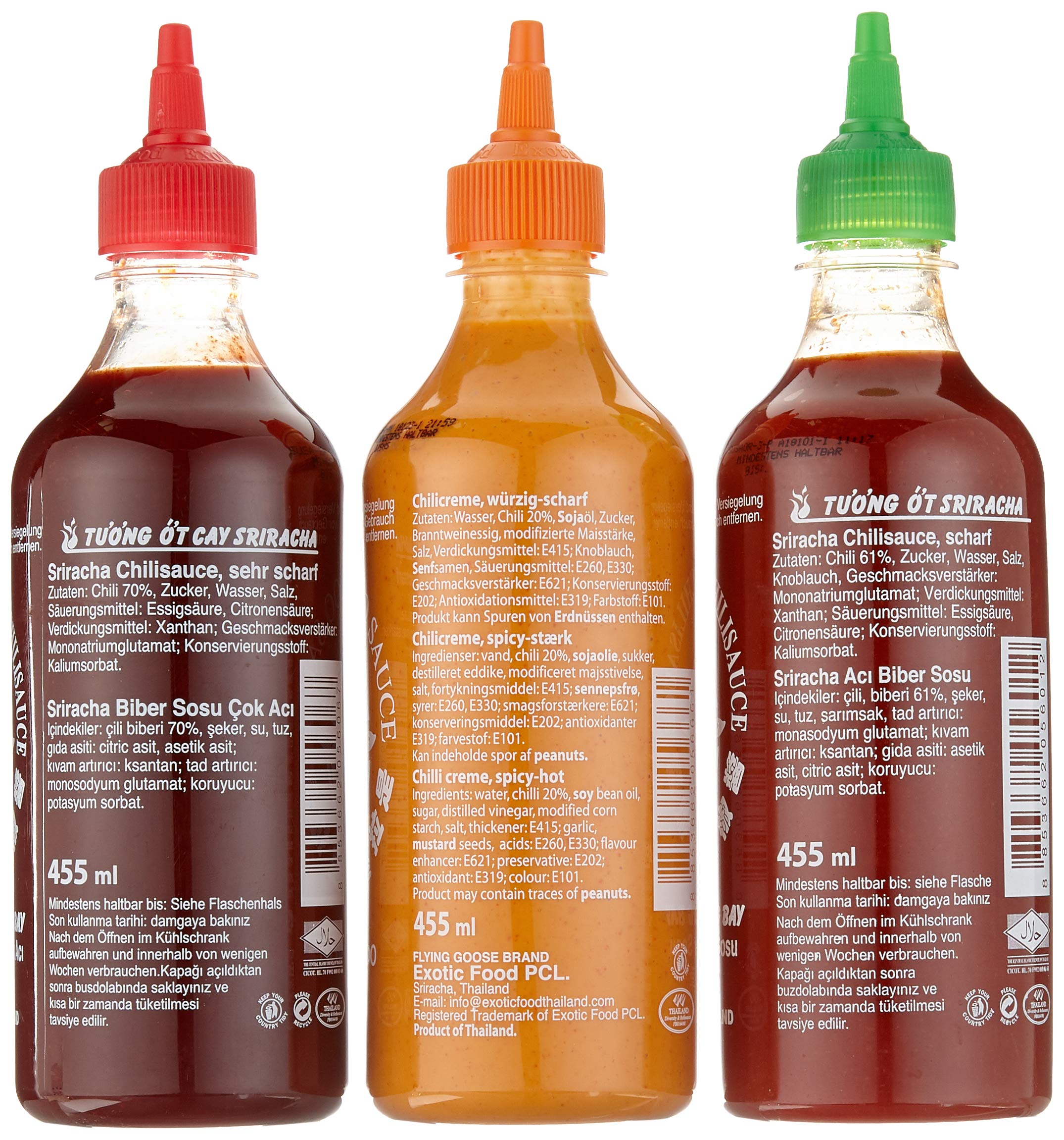 FLYING GOOSE Sriracha scharfe Chilisaucen Mischkarton (in 3 Geschmacksrichtungen, Würzsauce aus Thailand) 12er Pack à 455 ml (5 x scharf , 4 x sehr scharf , 3x Mayoo)