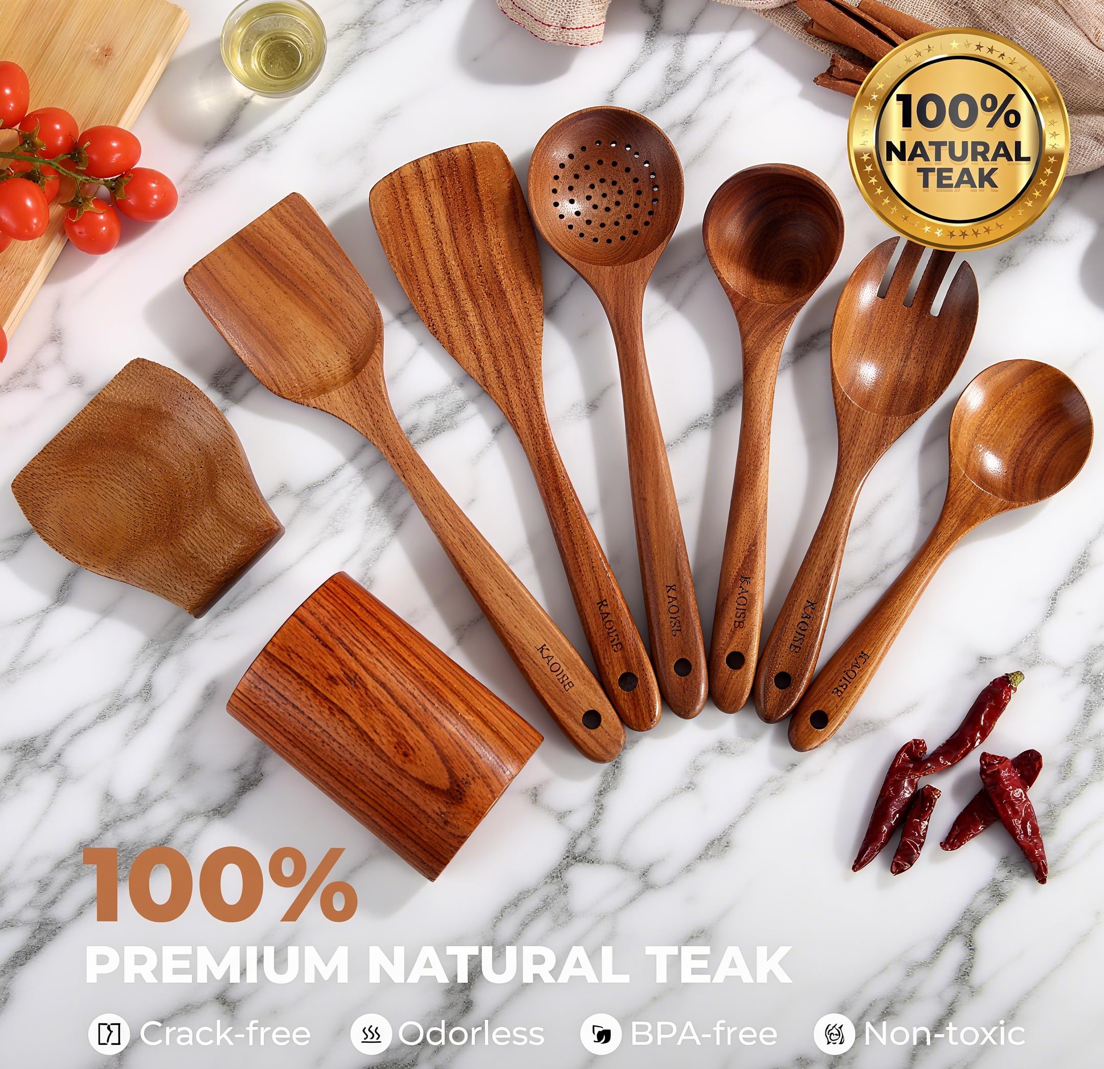 Cucharas de madera antiadherente natural prémium para cocinar, juego de utensilios de madera esenciales de cocina, juego de utensilios culinarios de madera de teca para familias (8 piezas)