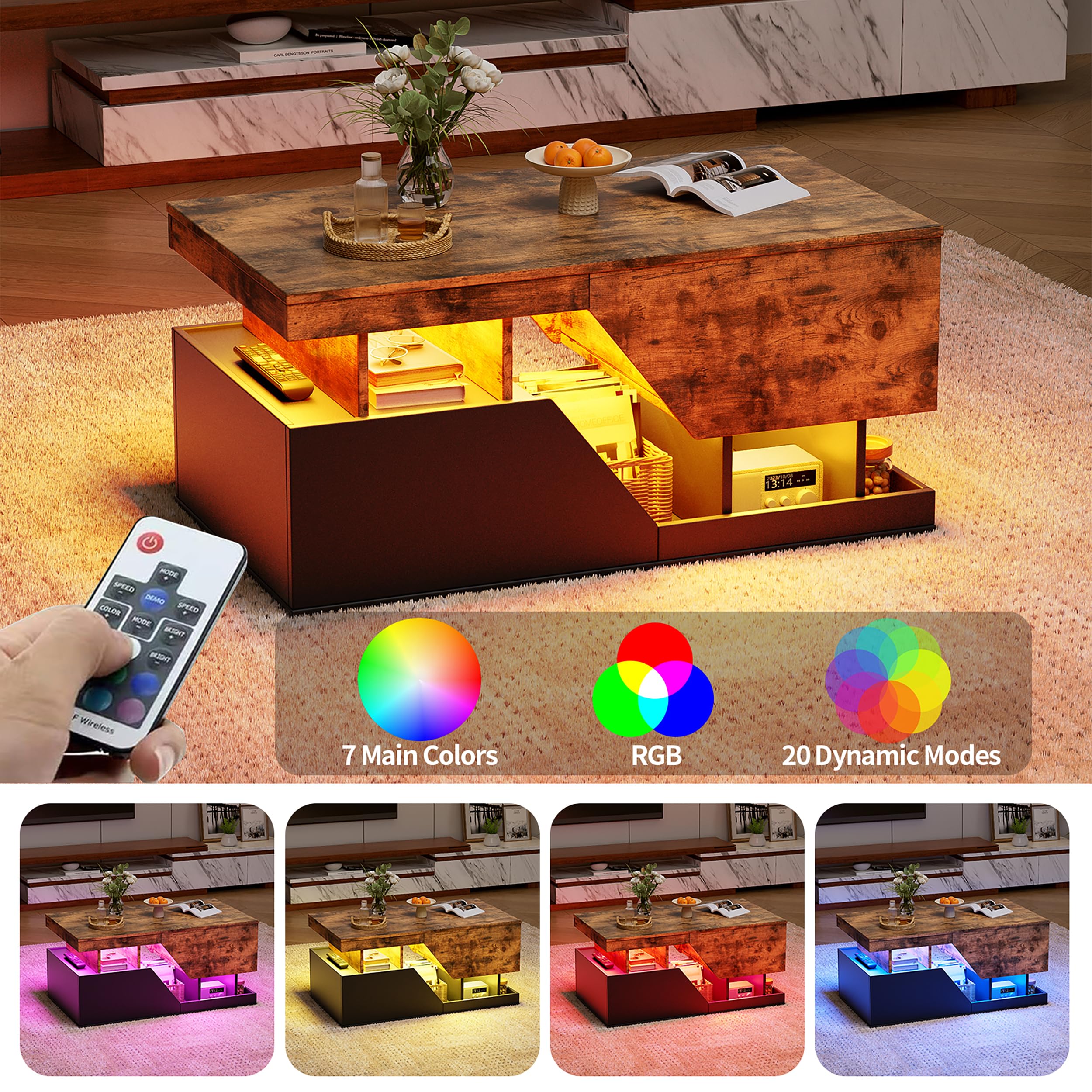MSFE Couchtisch LED, Wohnzimmer Möbel mit 4 Schubladen und Offener Lagerraum, Couchtisch mit stauraum, Sofa Tisch, Wohnzimmertisch für Wohnzimmer/Esszimmer, Wohnzimmermöbel,Zwei Pakete