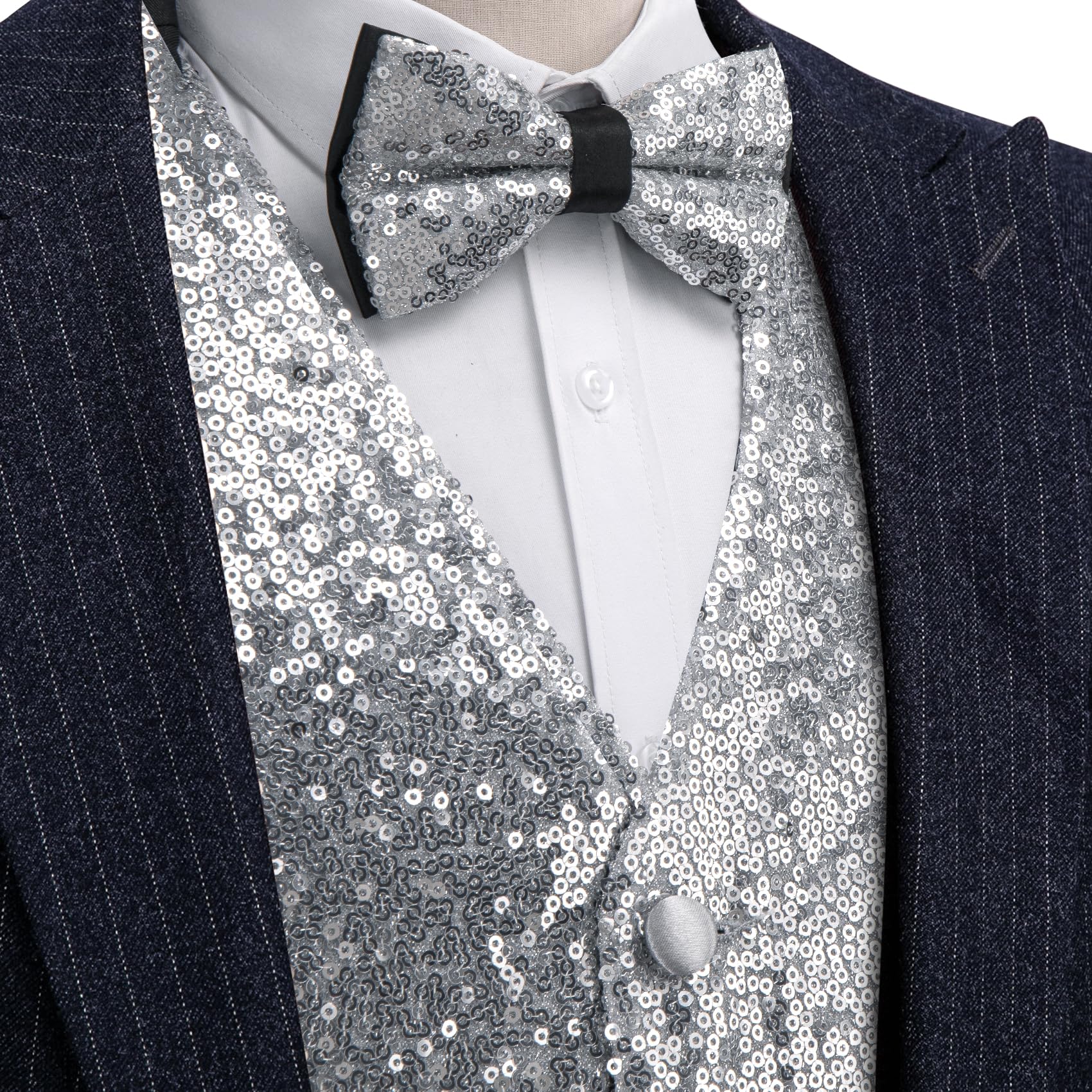 Barry.Wang Set di gilet da uomo con paillettes lucide, papillon, vestito casual scintillante, per festival, discoteca, feste, balli