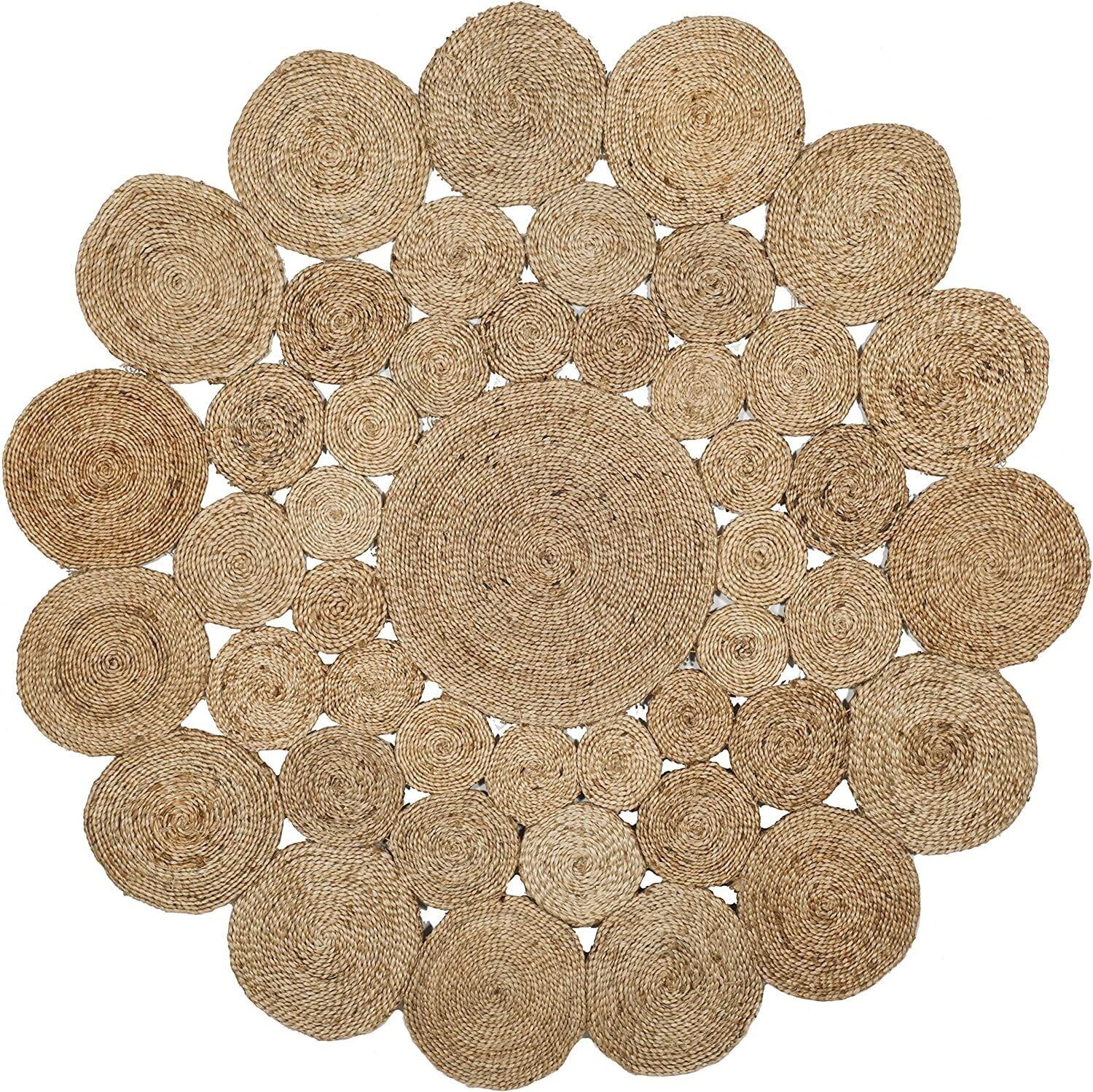 Handgefertigte Blumenform reine Jute Bodenfläche Teppich für Wohnzimmer Jute Runde Bodenmatte Teppiche für Wohnzimmer Jute Mitteltisch Teppich (180cm x 180cm)