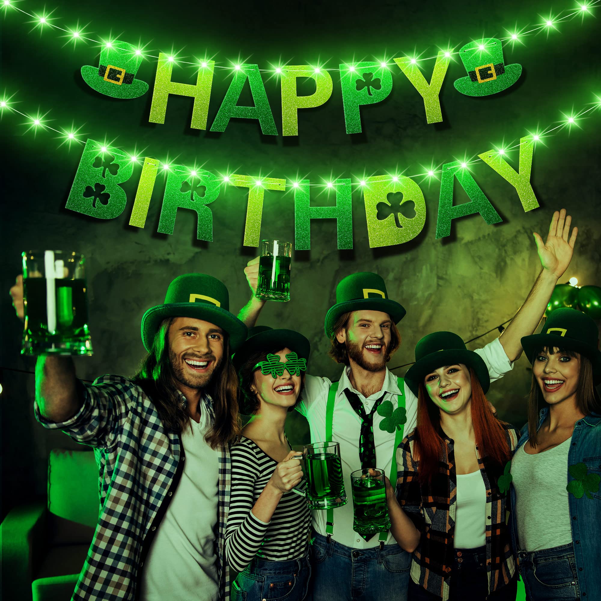 Photo 1 of St Patrick's Day Happy Birthday Banner with Green Light, Glitter Irish Shamrock Hat LED Decorations, 8 Modes 10 Feet String Light Party Supplies(Shamrock)
