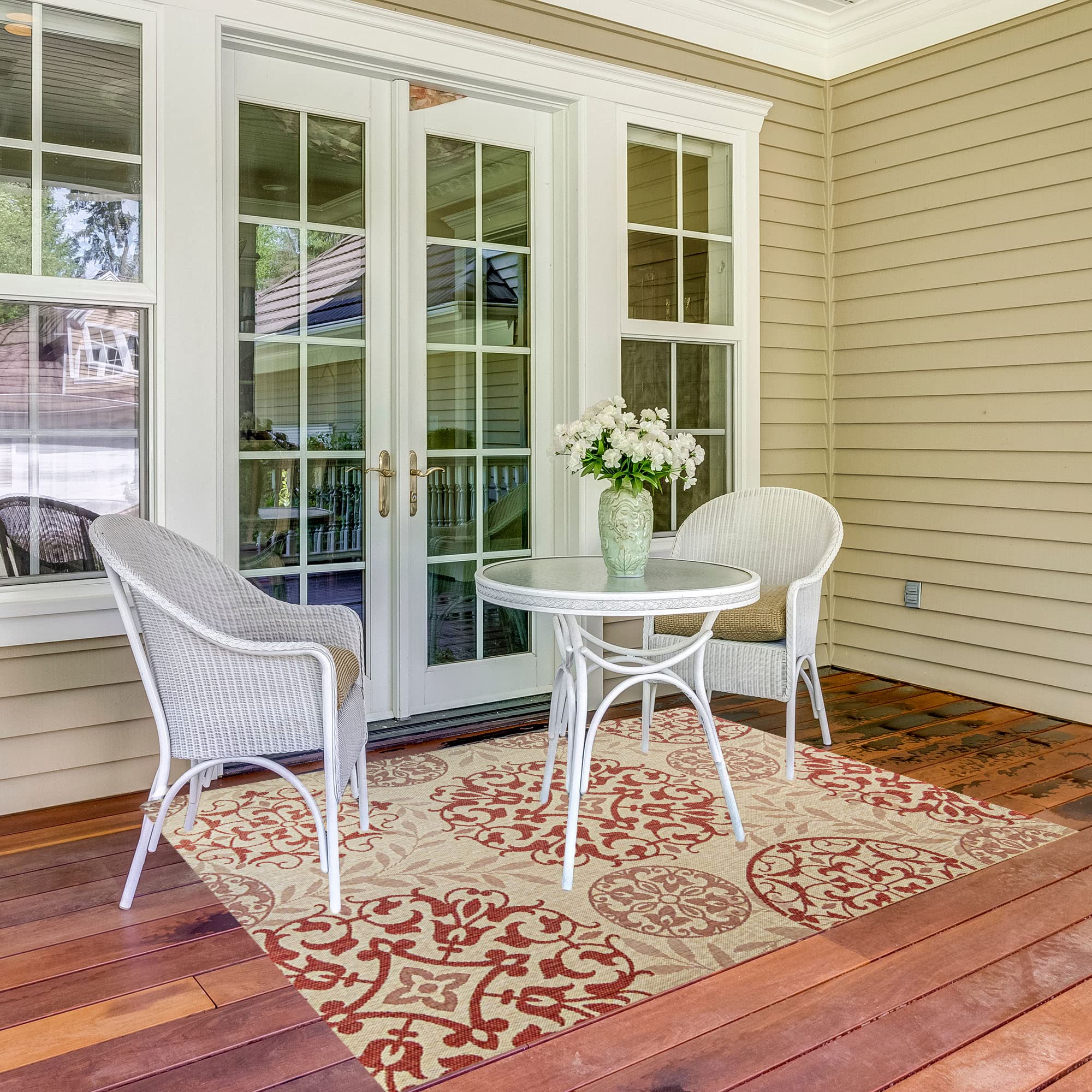 Gertmenian Indoor Outdoor Classic Flatweave Area Rug, Stain & UV Resistant Carpet, Deck, Patio, Poolside & Mudroom, Abstract Medallion, Red, 22934 5ft x 7ft