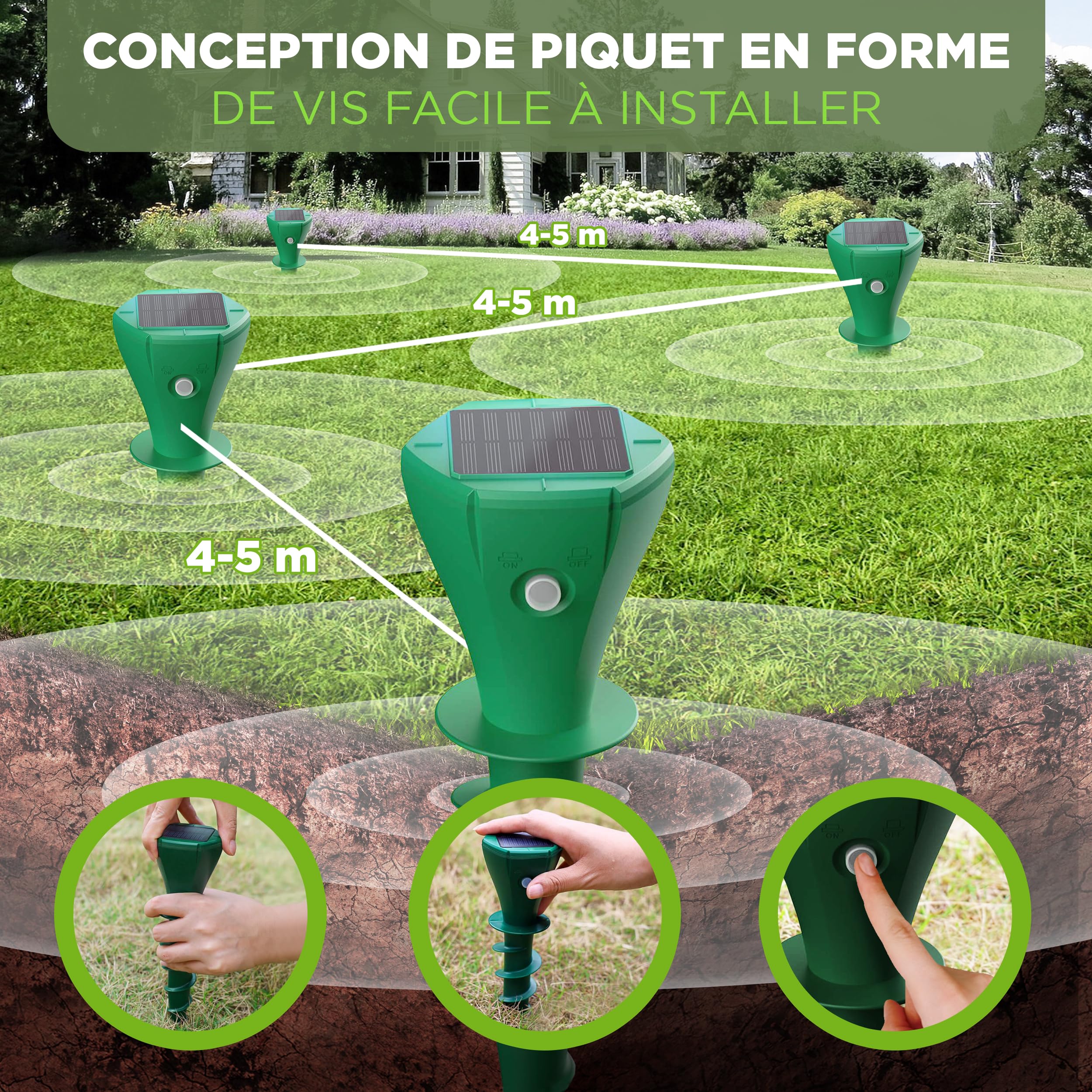 ISOTRONIC Répulsif Solaire Contre Taupes Campagnols Serpents – Picot Sol Jardin – Portée 700 m² (2 pièces)