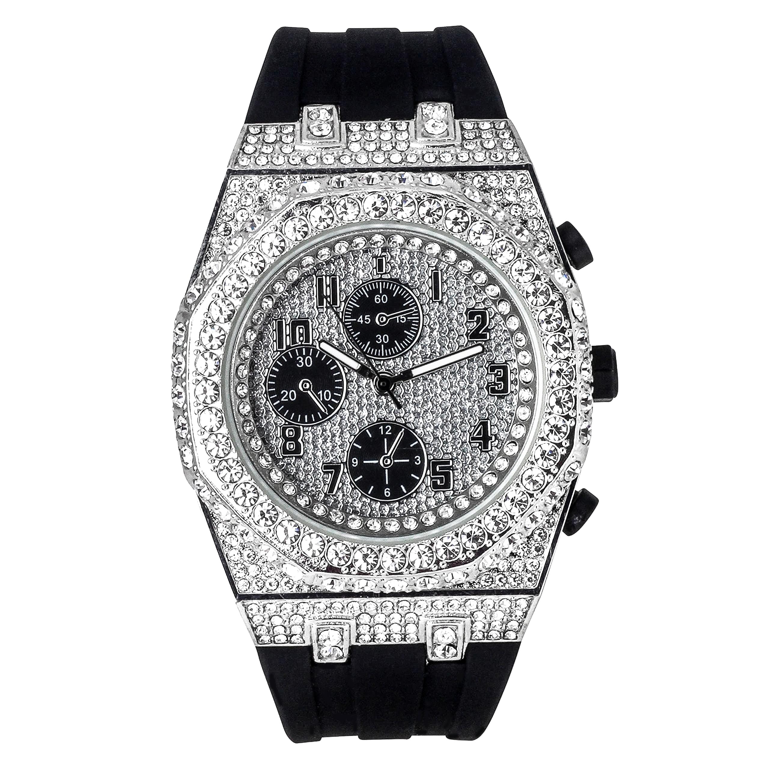 ICE STAR Mens 43mm Iced Diamond Silicone Band Watch, Octagon Case