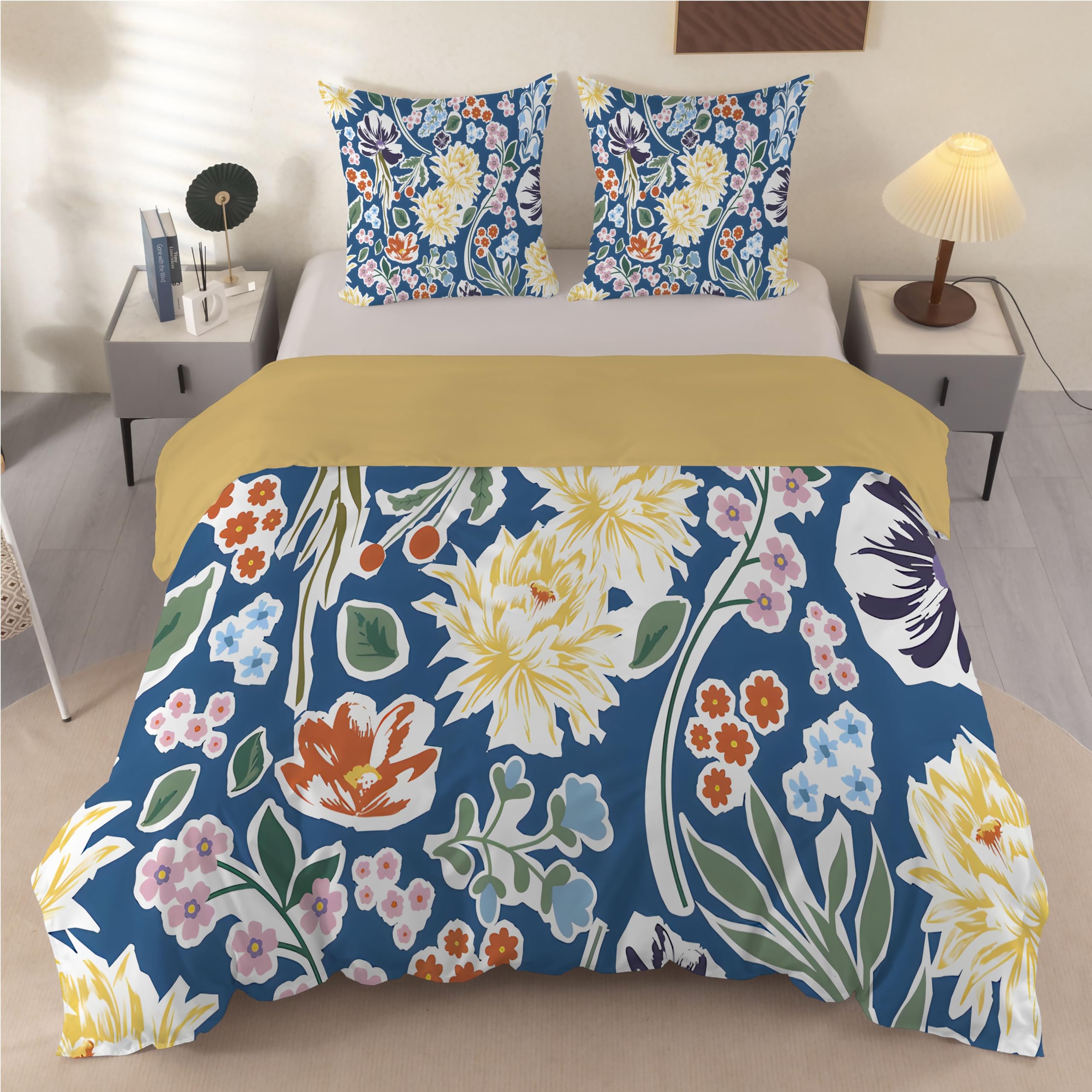 Housse de couette 240x260 fleurs pour lit 2 personnes en microfibre imprimée bleu et jaune F151