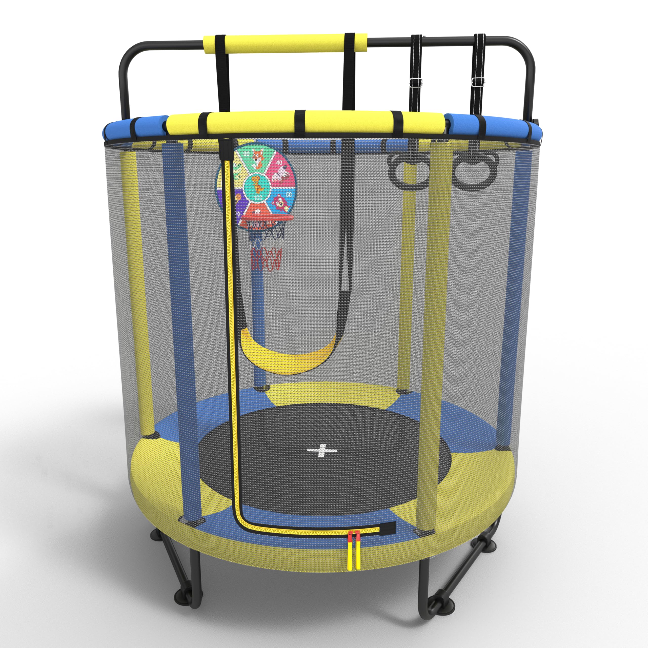 PILIN Trampoline pour Enfants, Trampoline intérieur/extérieur avec balançoire, Barres de Gymnastique, cerceaux, Panier de Basket/fléchettes Inclus, 145cmx170cm, capacité de Poids 50kg