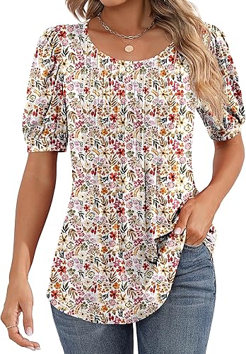 Ficerd - Blusa plisada tipo túnica de manga corta abombada y cuello redondo para mujer, blusa holgada elegante e informal para verano
