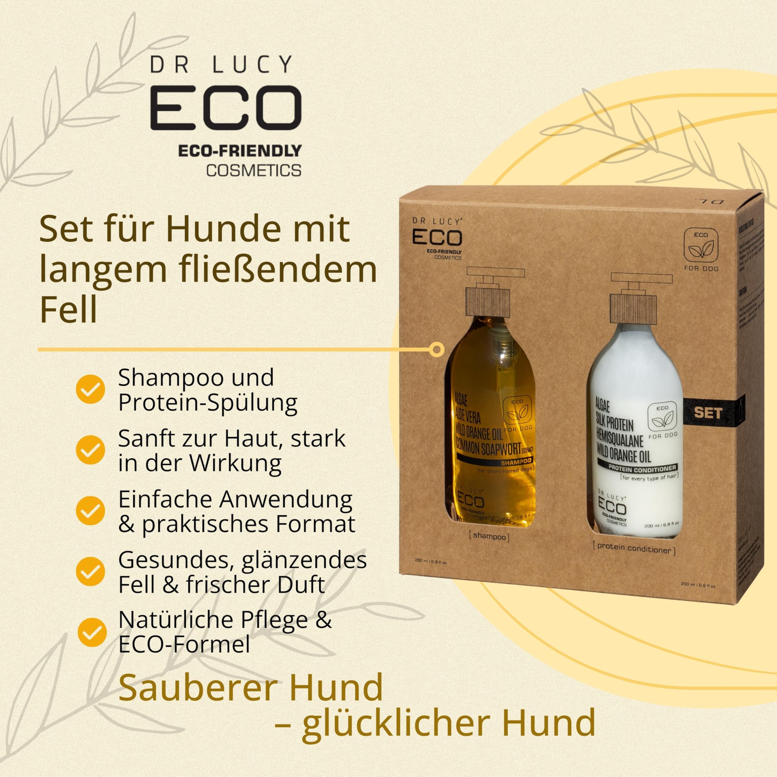 DR Lucy ECO Set für Hunde mit langem fließendem Fell, Shampoo & Protein-Spülung, mit Vitaminen B5 C E, nährend, feuchtigkeitsspendend, glättend, regenerierend, 2 x 200 ml