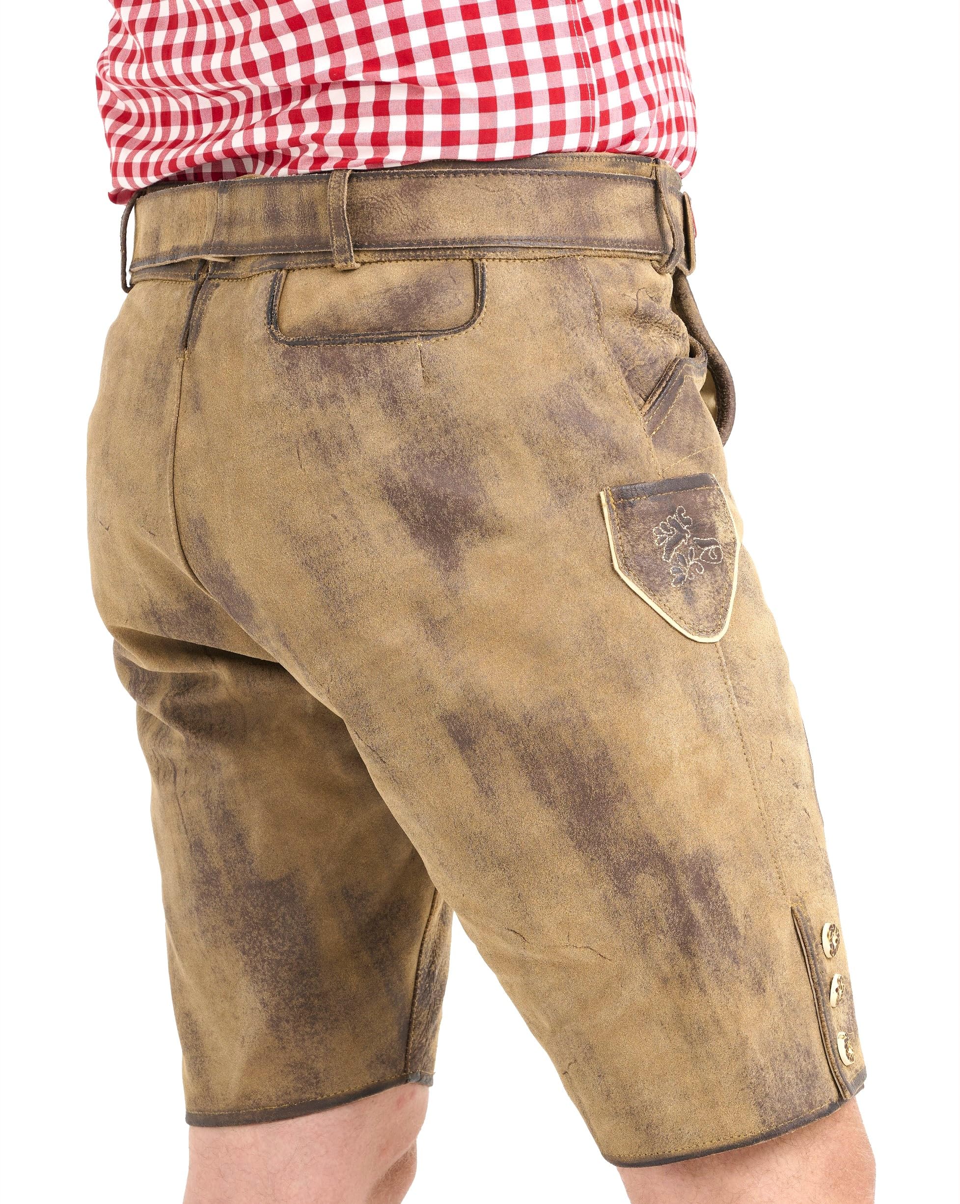 Premium Trachten Lederhose Herren kurz mit Trachtengürtel, echtes Vollleder (Full Grain), antiker Look, edle Stickereien, Oktoberfest, Größen 44–60