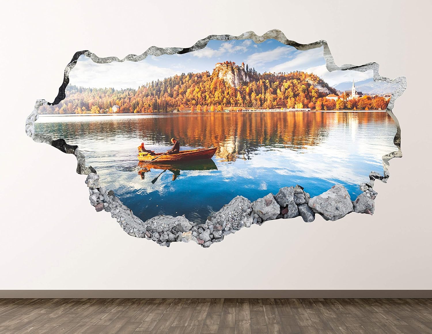 Romantic Lake Sailing Wall Decal Art Decor 3D Smashed Mountains Sticker Poster Kids Room Mural Custom Gift BL1687 (30"W x 18"H)